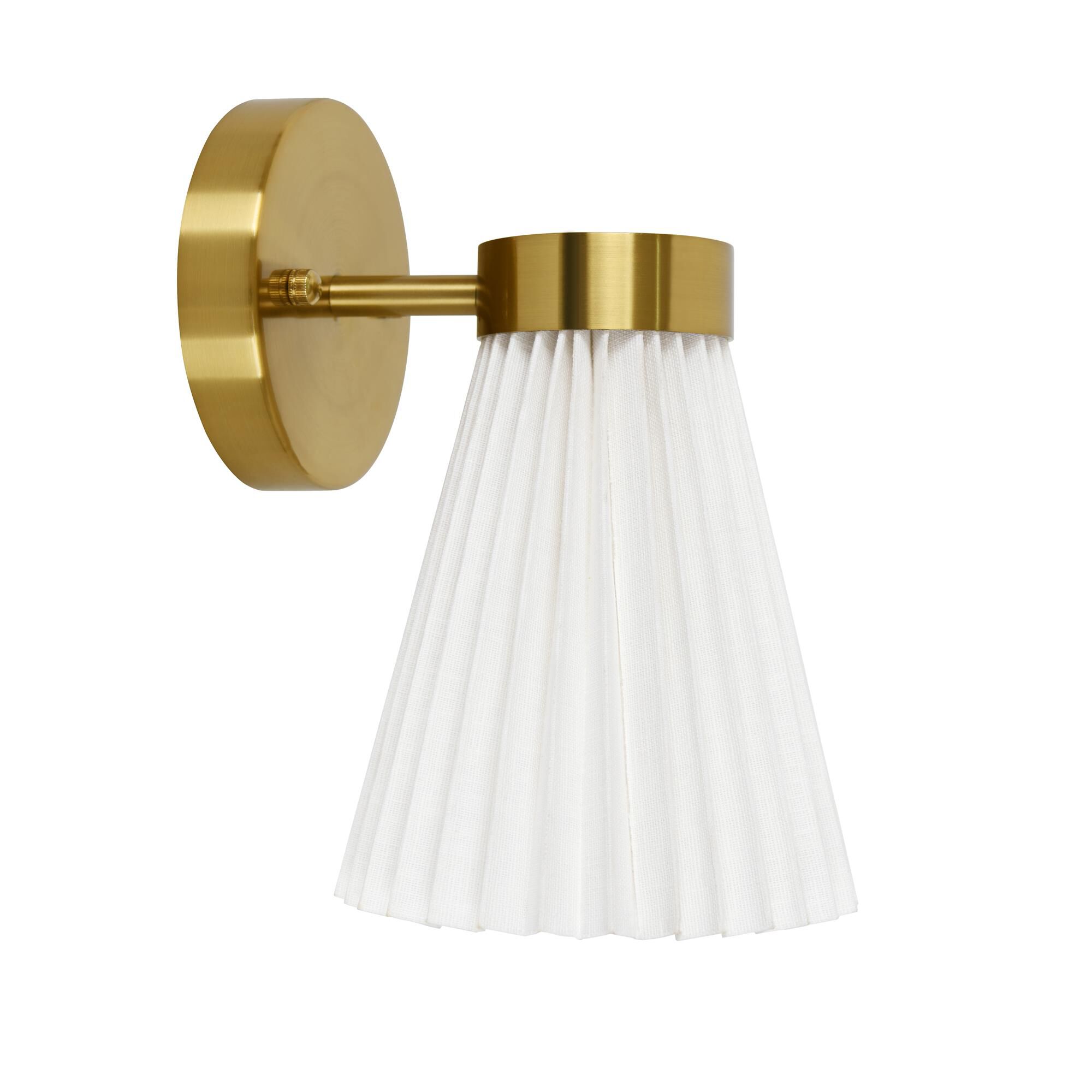 Shown in Brass and White finish and White Linen shade