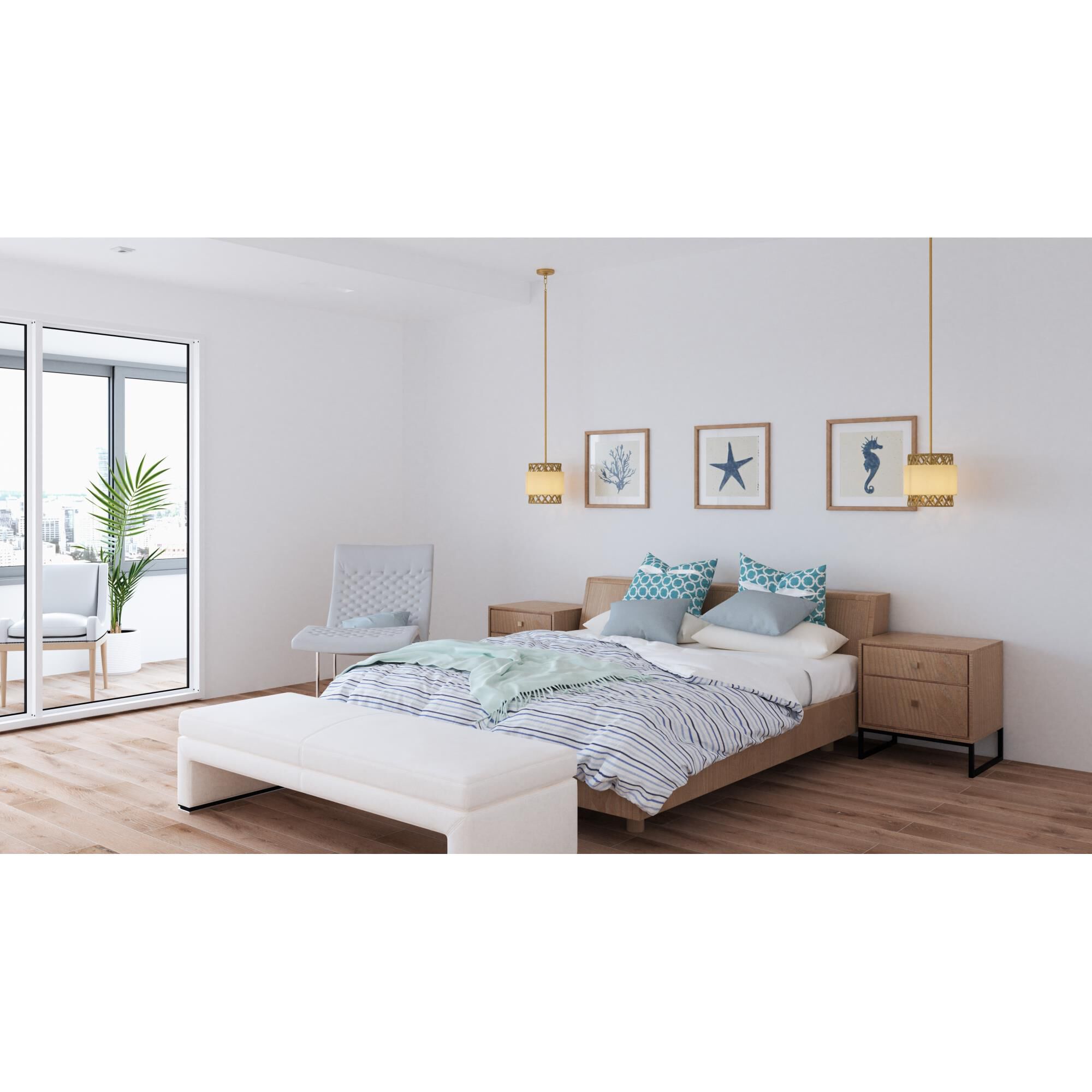 Shown in Brushed Gold finish and White Linen and Rattan shade