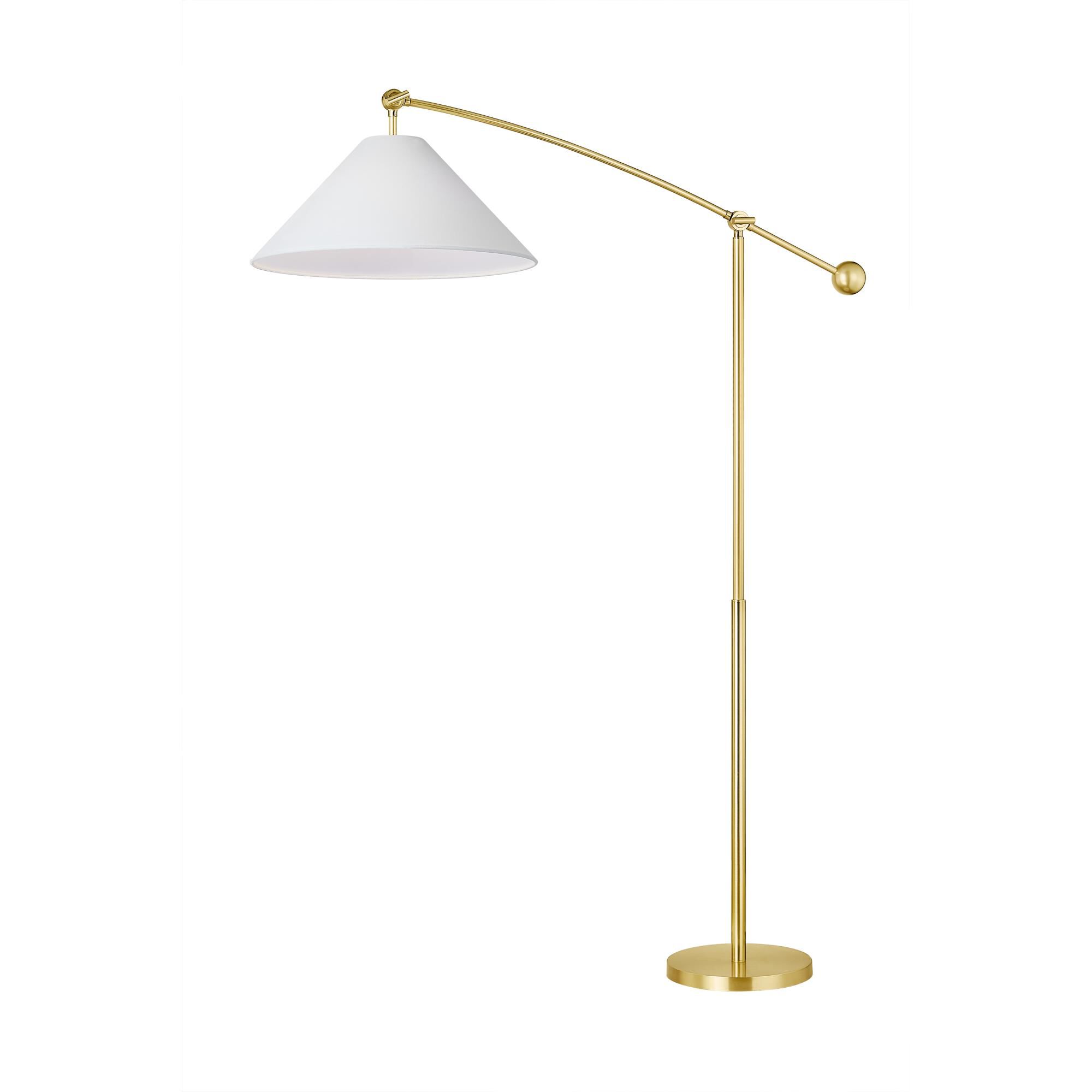 Shown in Aged Brass finish and White Linen shade