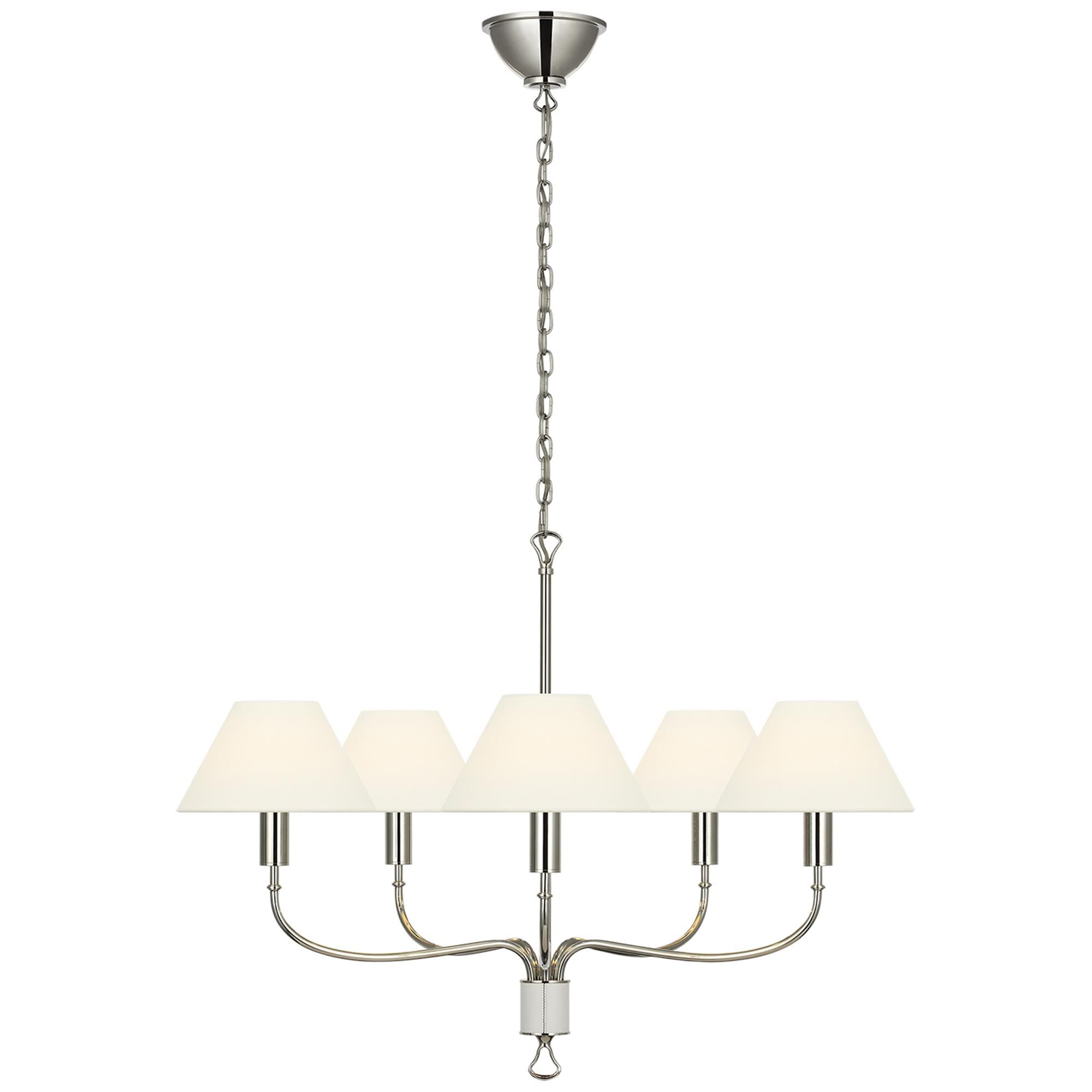 Shown in Polished Nickel and Parchment Leather finish and Linen shade