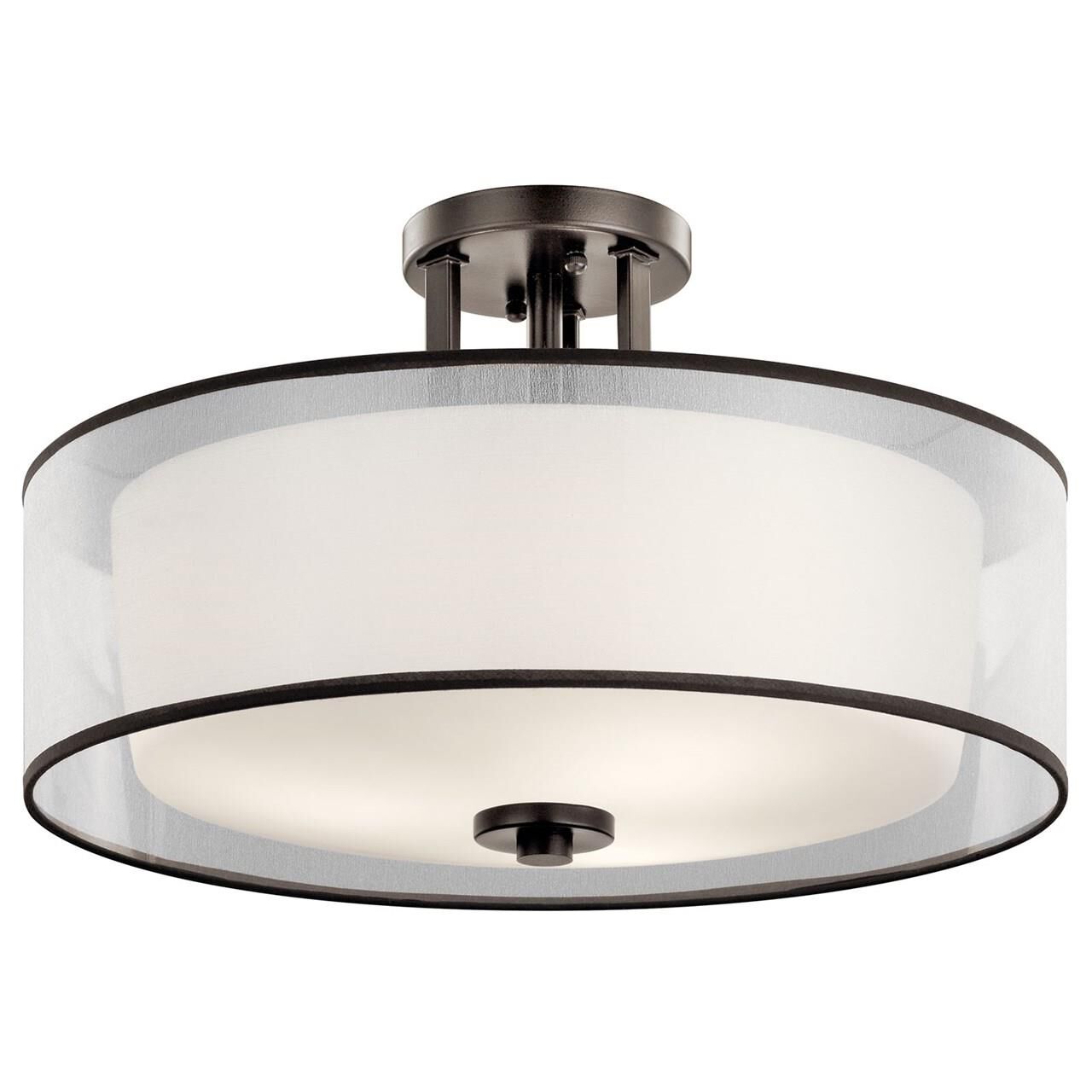 Shown in Mission Bronze finish and Satin Etched White glass and Light Umber Translucent Organza shade