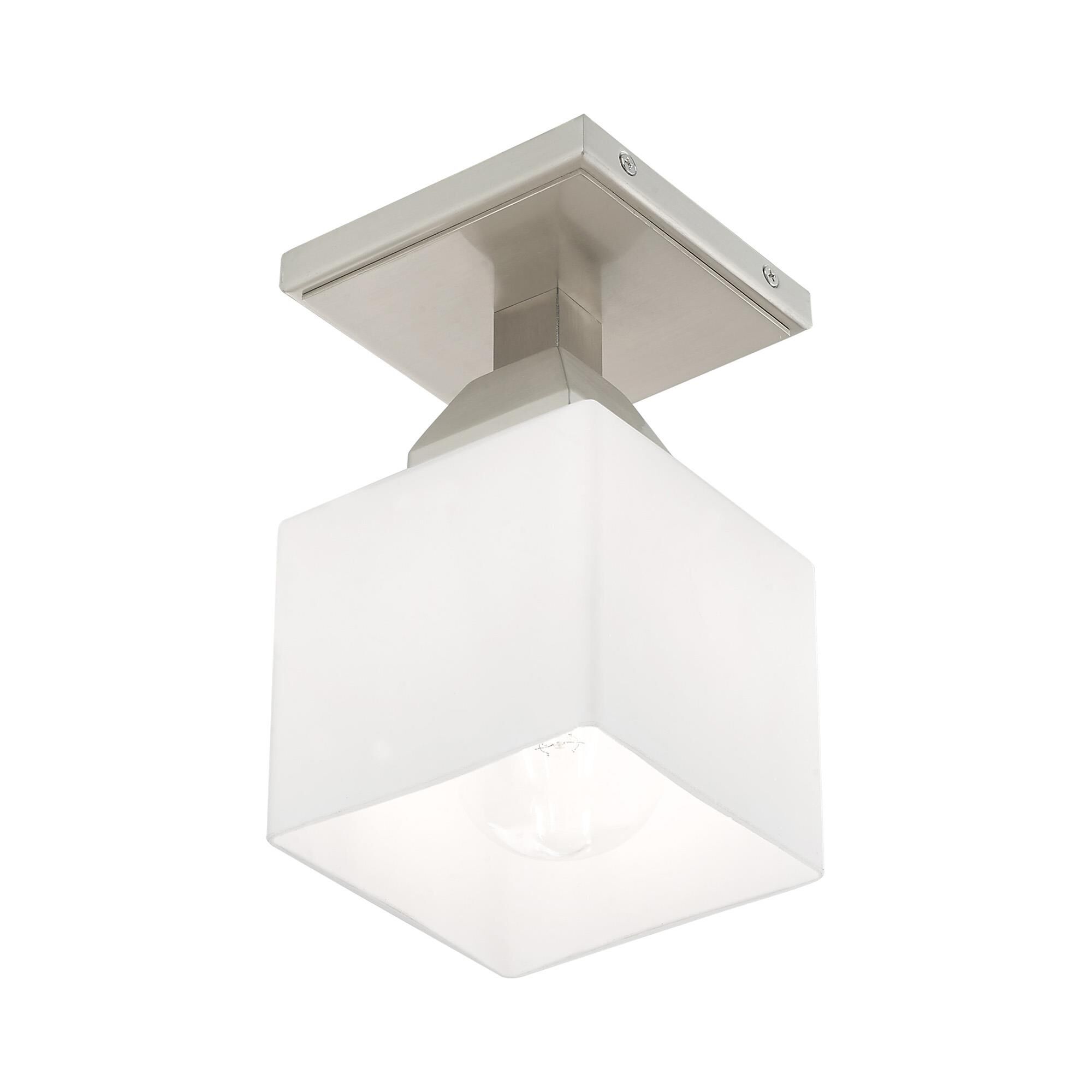 Shown in Brushed Nickel finish and Hand Blown Satin Opal White glass