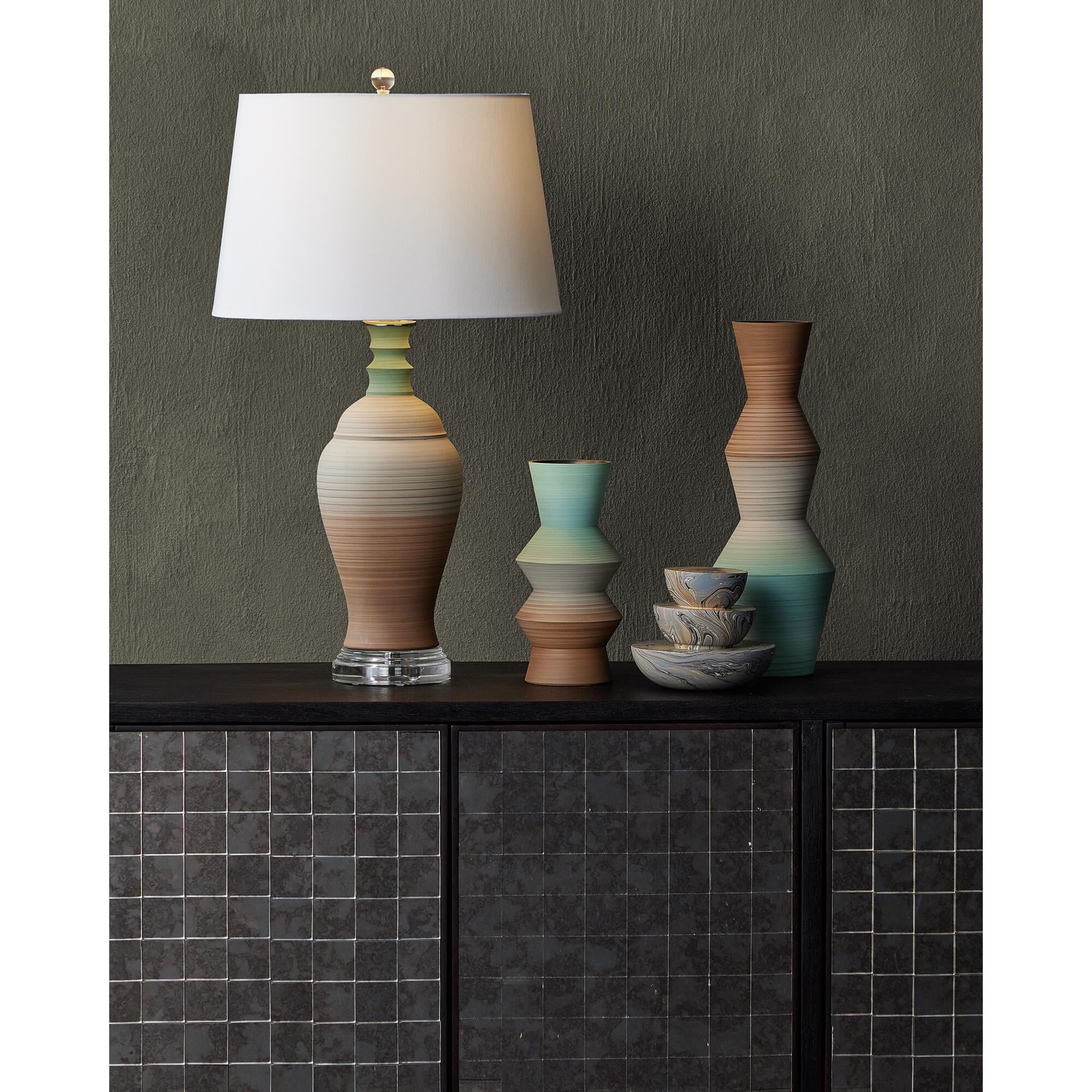 Shown in Brown, Light Blue and Clear finish and Bone Fabric/Blue Lining/Hardback/Rolled Edge shade