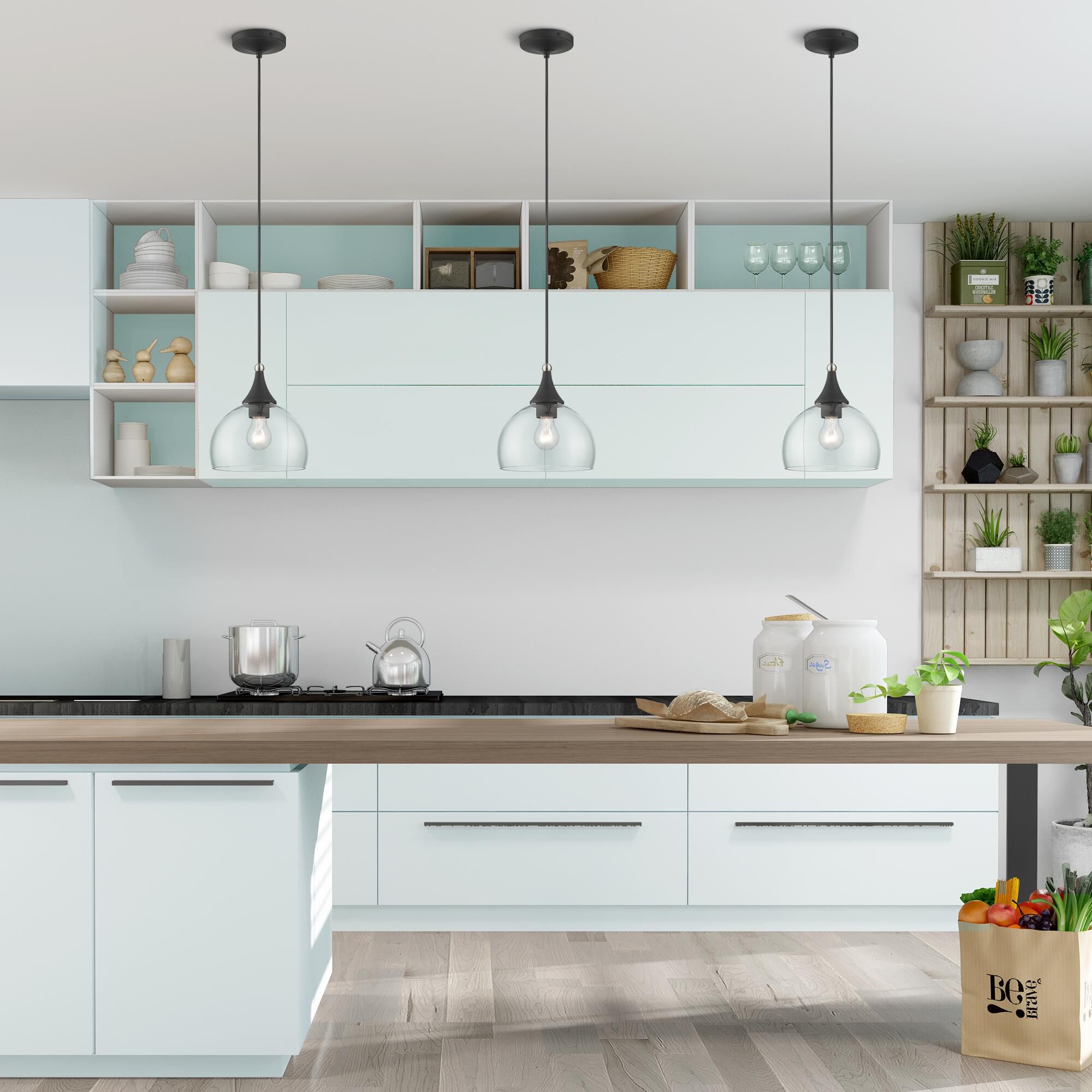 Shown in Black With Brushed Nickel Accents finish and Clear Hand Blown glass