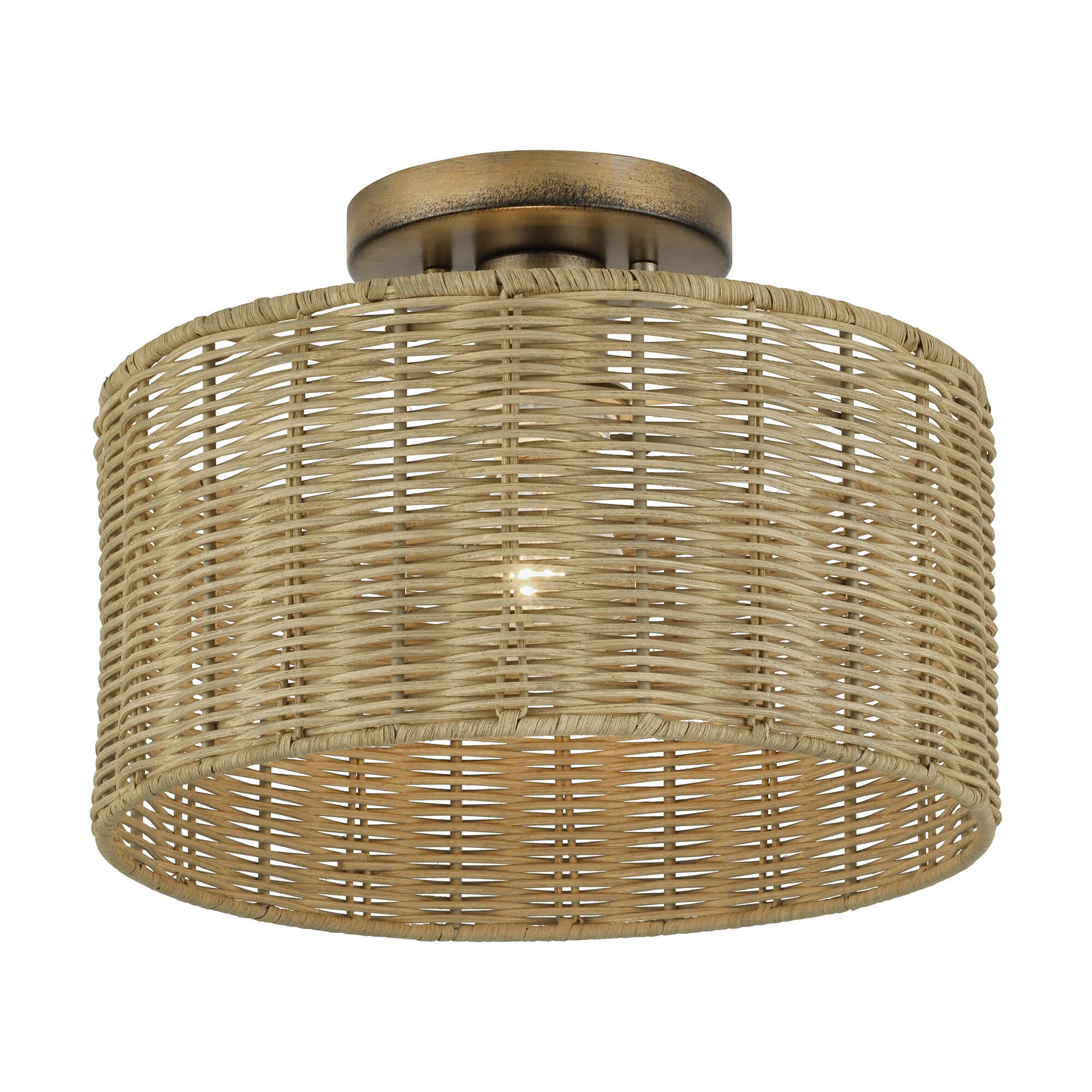 Shown in Antique Gold Leaf finish and Hand-Woven Rustic Walnut Color Rattan shade