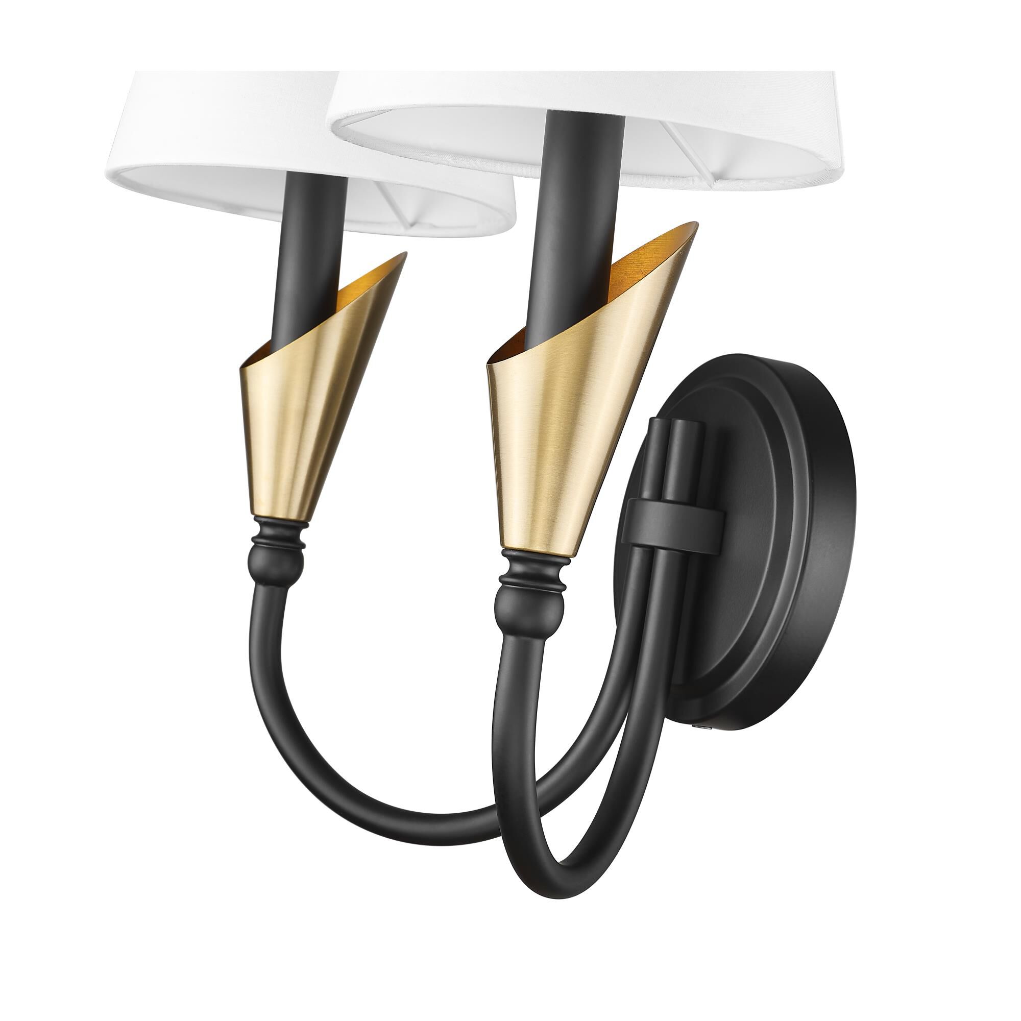 Shown in Matte Black And Modern Gold finish and White glass and White shade