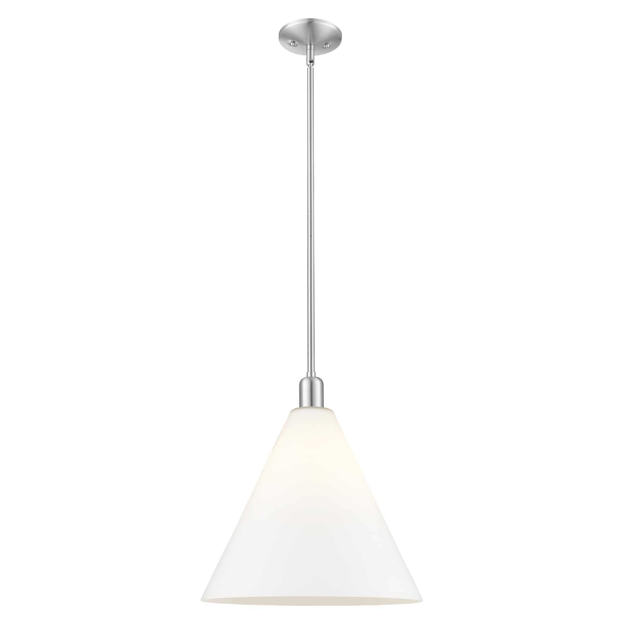 Shown in Brushed Satin Nickel finish and Matte White glass