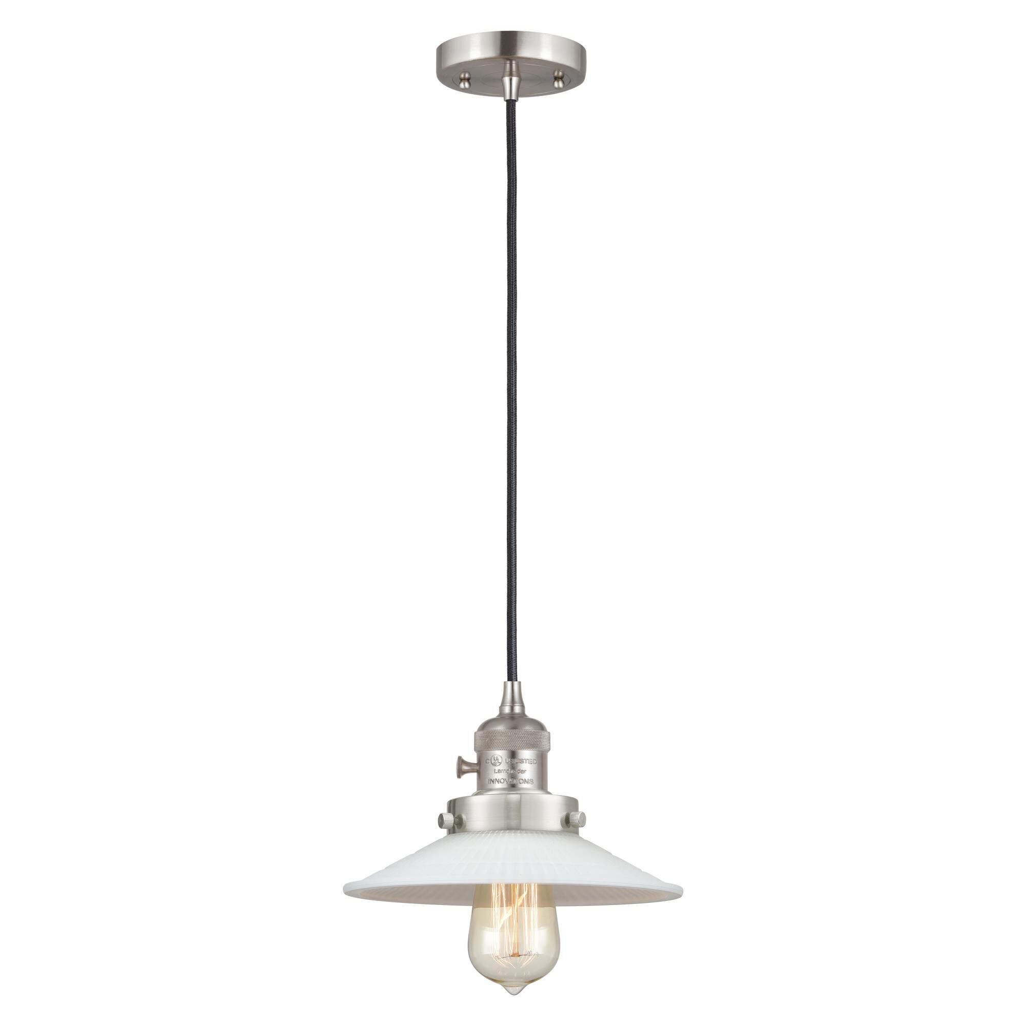 Shown in Brushed Satin Nickel finish and Matte White glass