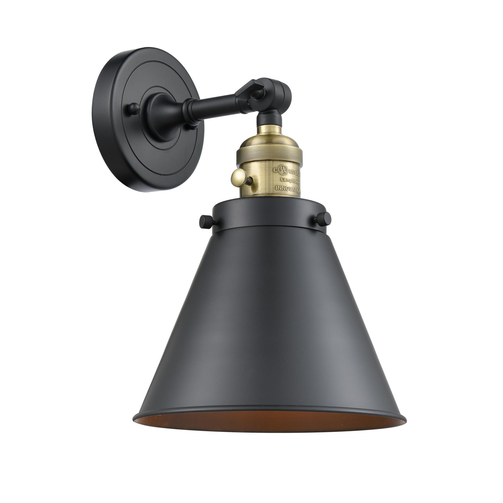 Shown in Black Antique Brass finish and Metal - Matte Black - Cone shade