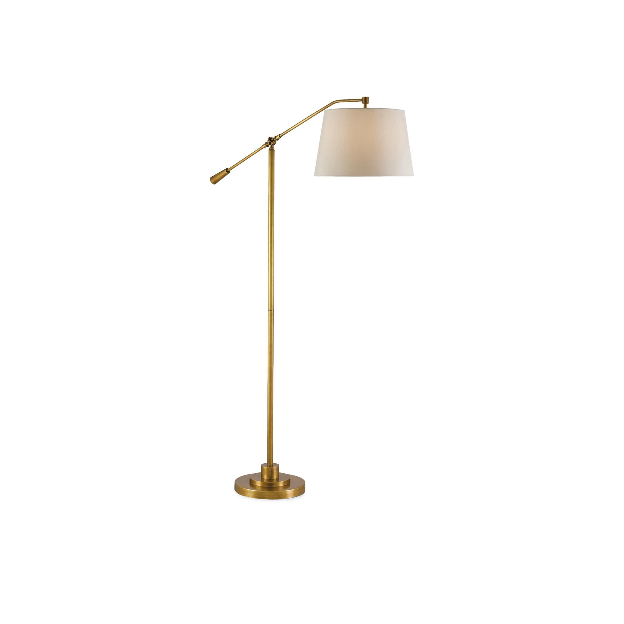 Shown in Antique Brass finish and Beige Shantung shade