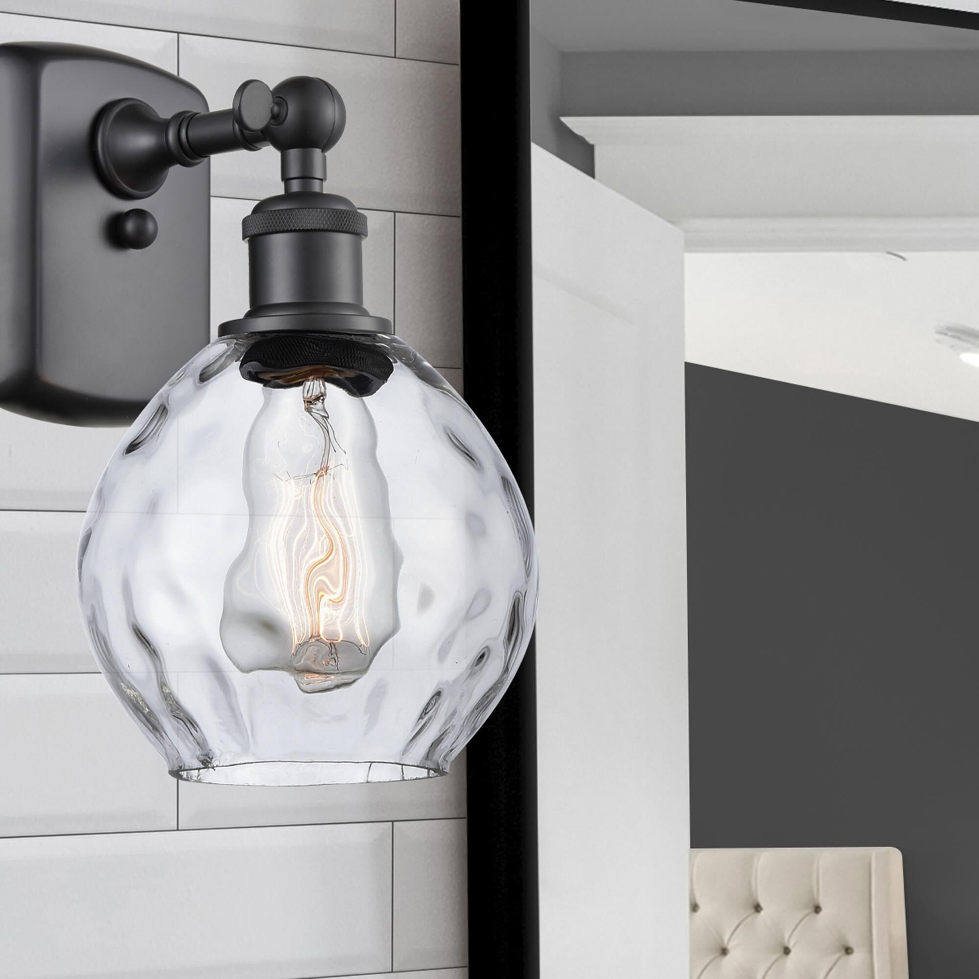 Shown in Matte Black finish and Clear Small Waverly glass and Glass shade and Polished Chrome accent