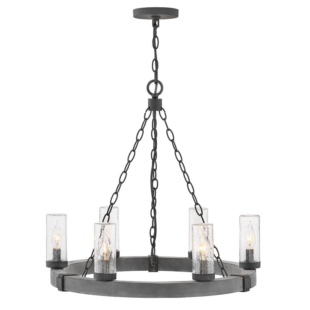 Shown in Aged Zinc finish and Clear Seedy glass and Distressed Black accent