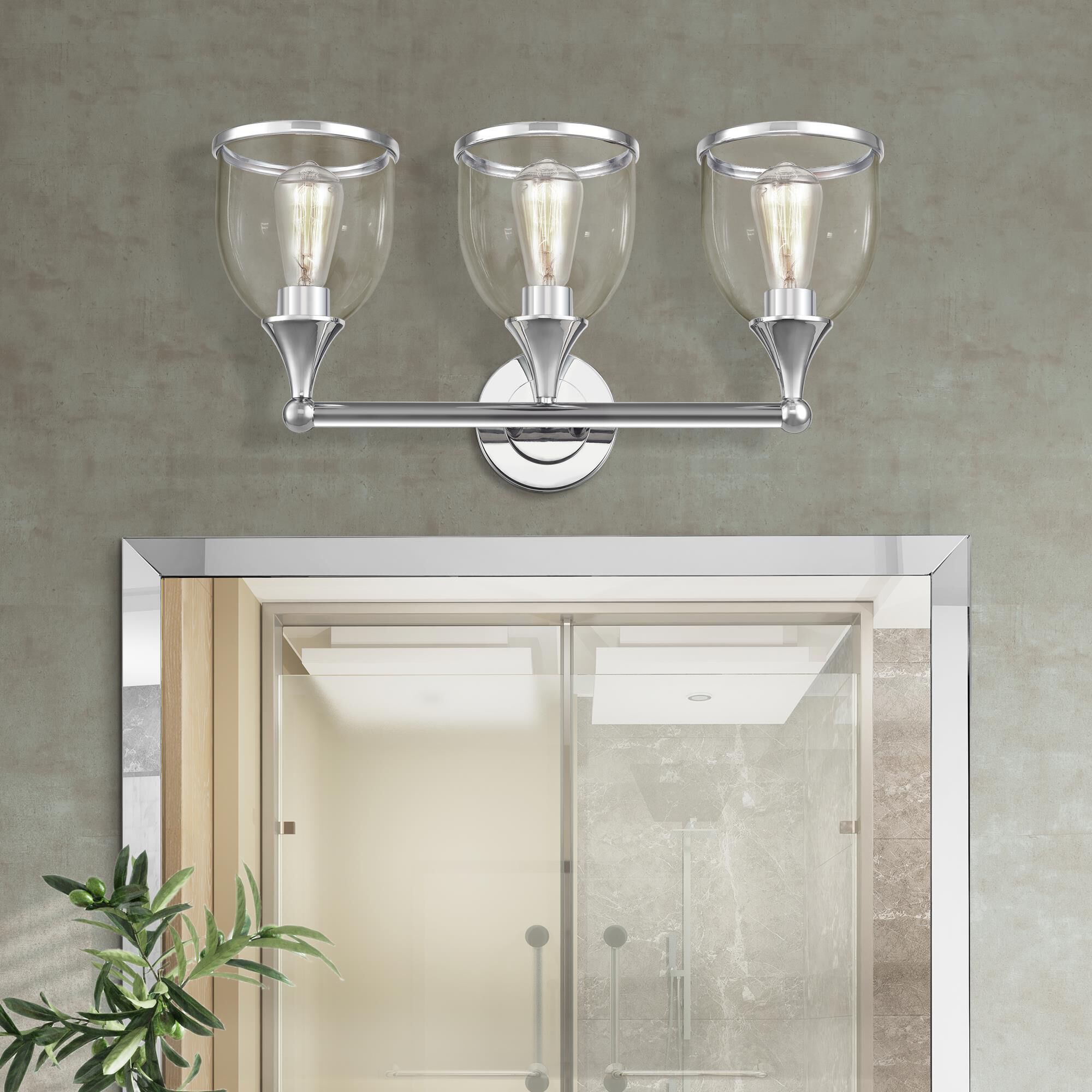Shown in Polished Chrome finish and Mouth Blown Clear glass