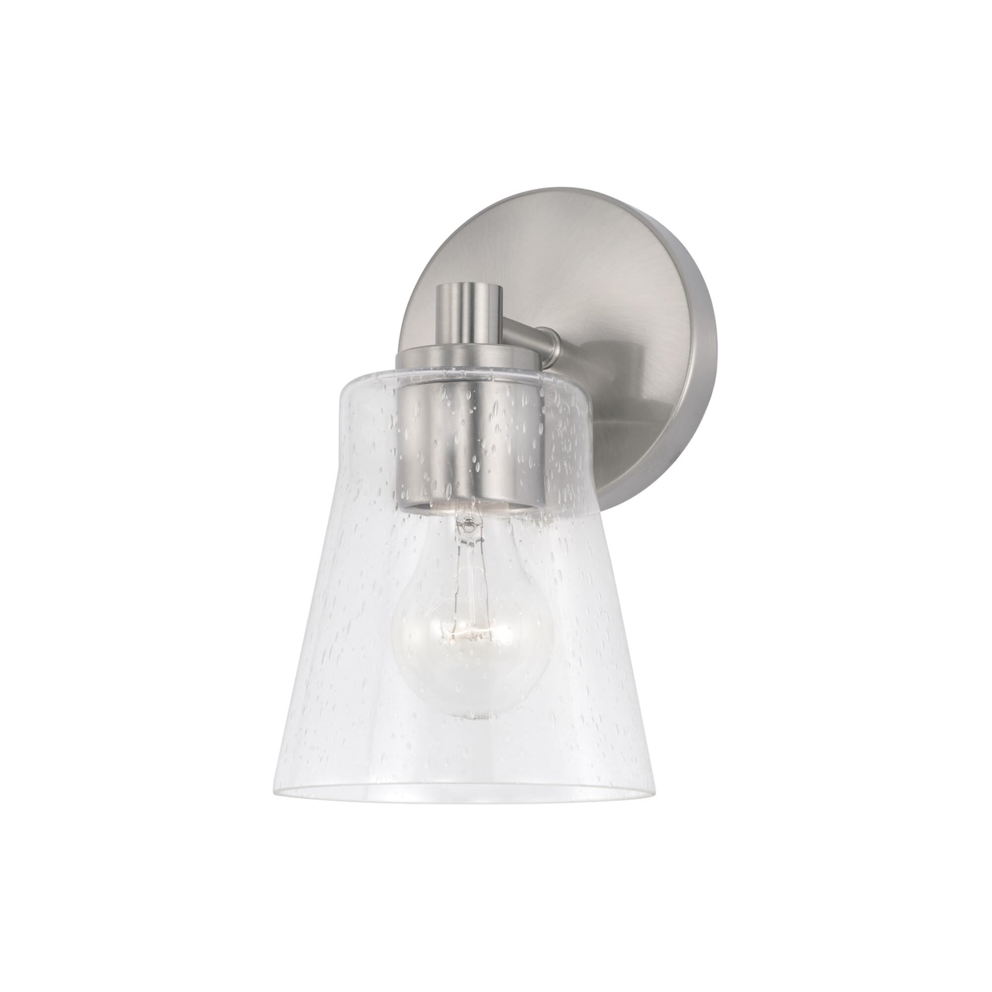Shown in Brushed Nickel finish and Clear Seeded glass