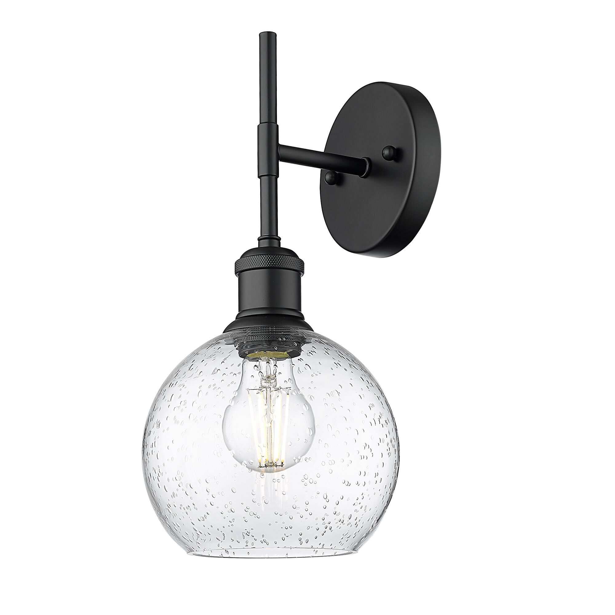 Shown in Matte Black finish and Seeded glass and Without Shade shade