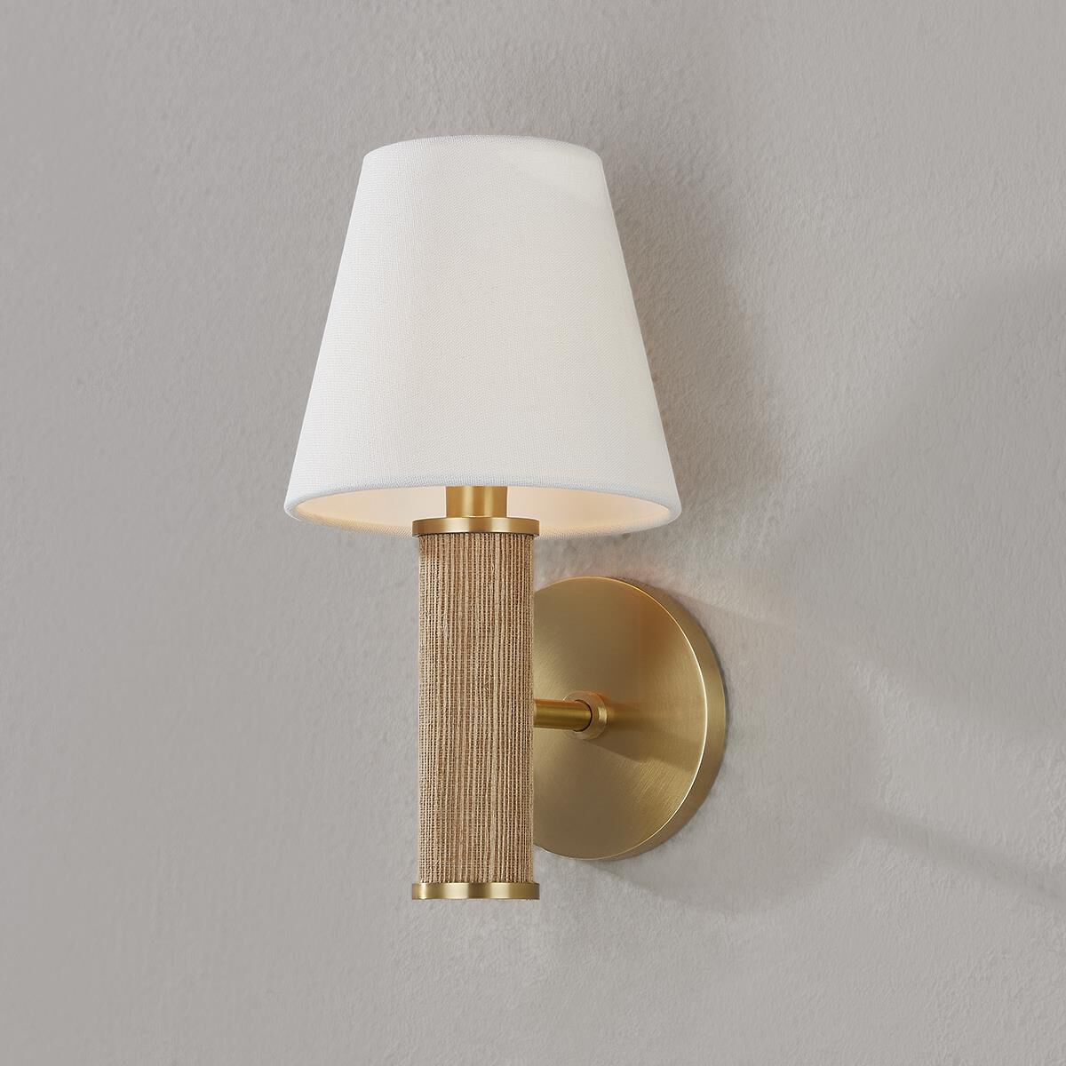 Shown in Aged Brass finish and Off White Linen shade