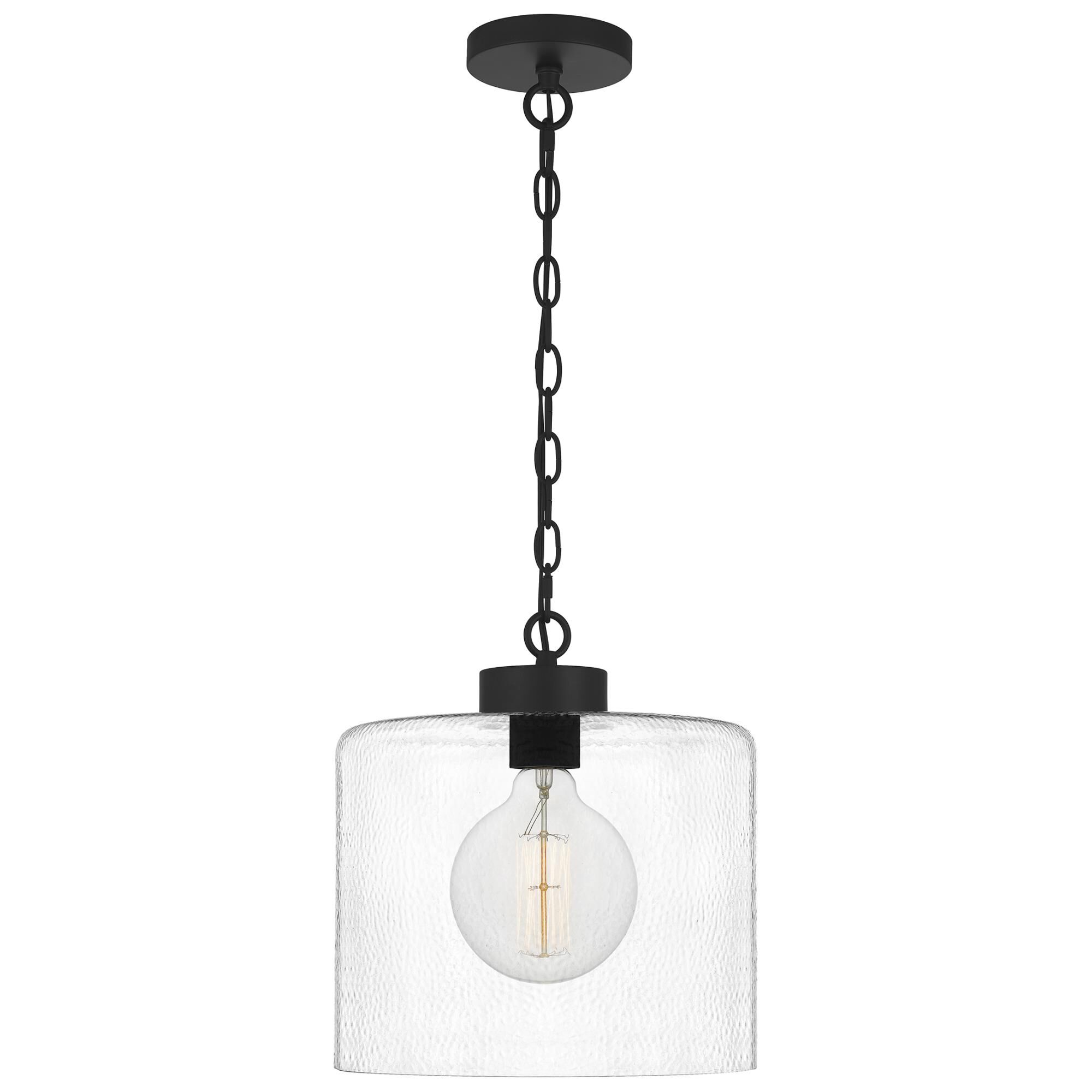 Shown in Matte Black finish and Clear Hammered Glass shade