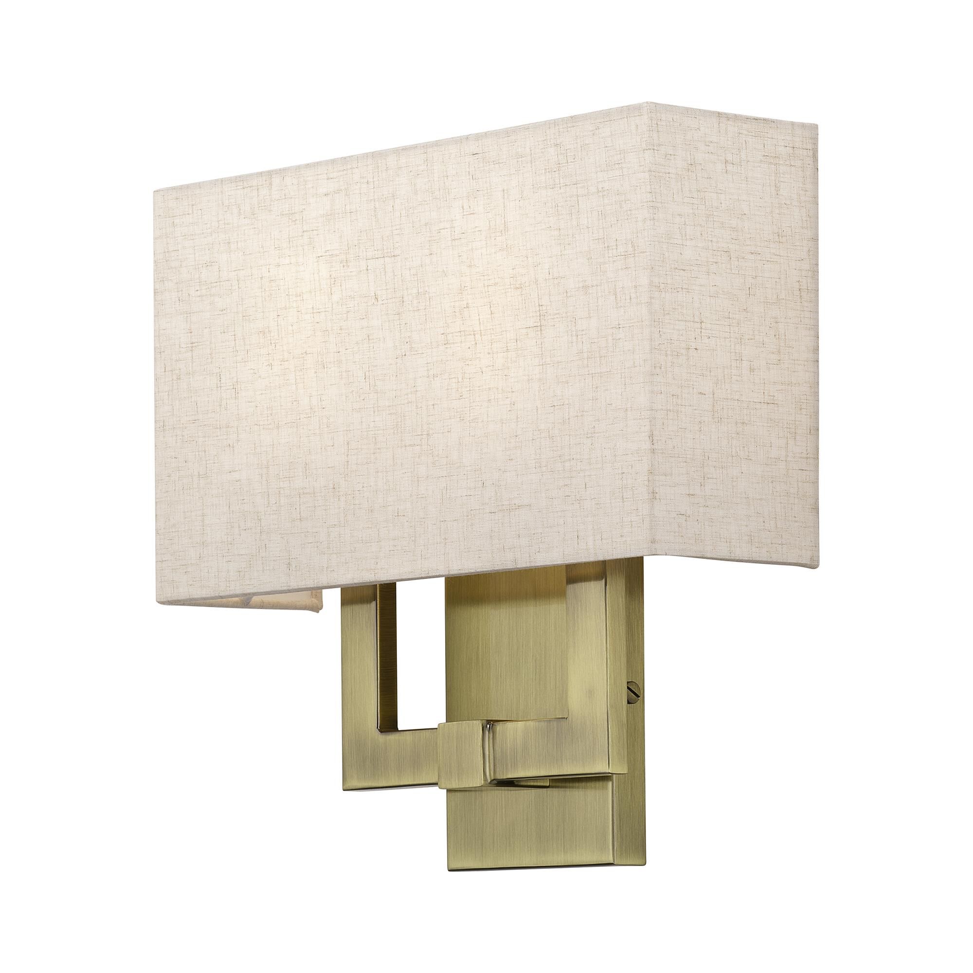 Shown in Antique Brass finish and Hand Crafted Oatmeal Color Fabric with White Color Inside shade