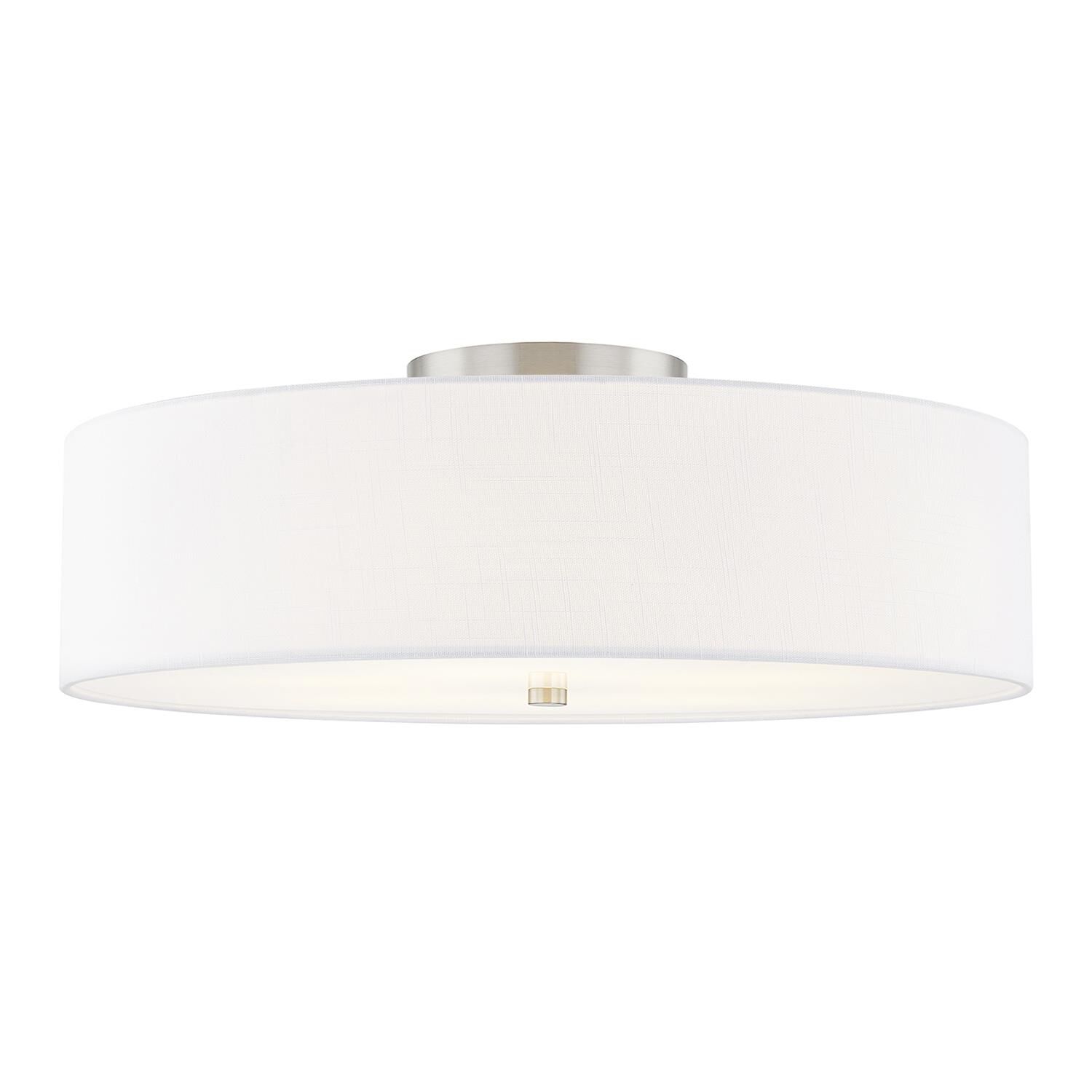 Shown in Brushed Nickel finish and White Woven Fabric shade