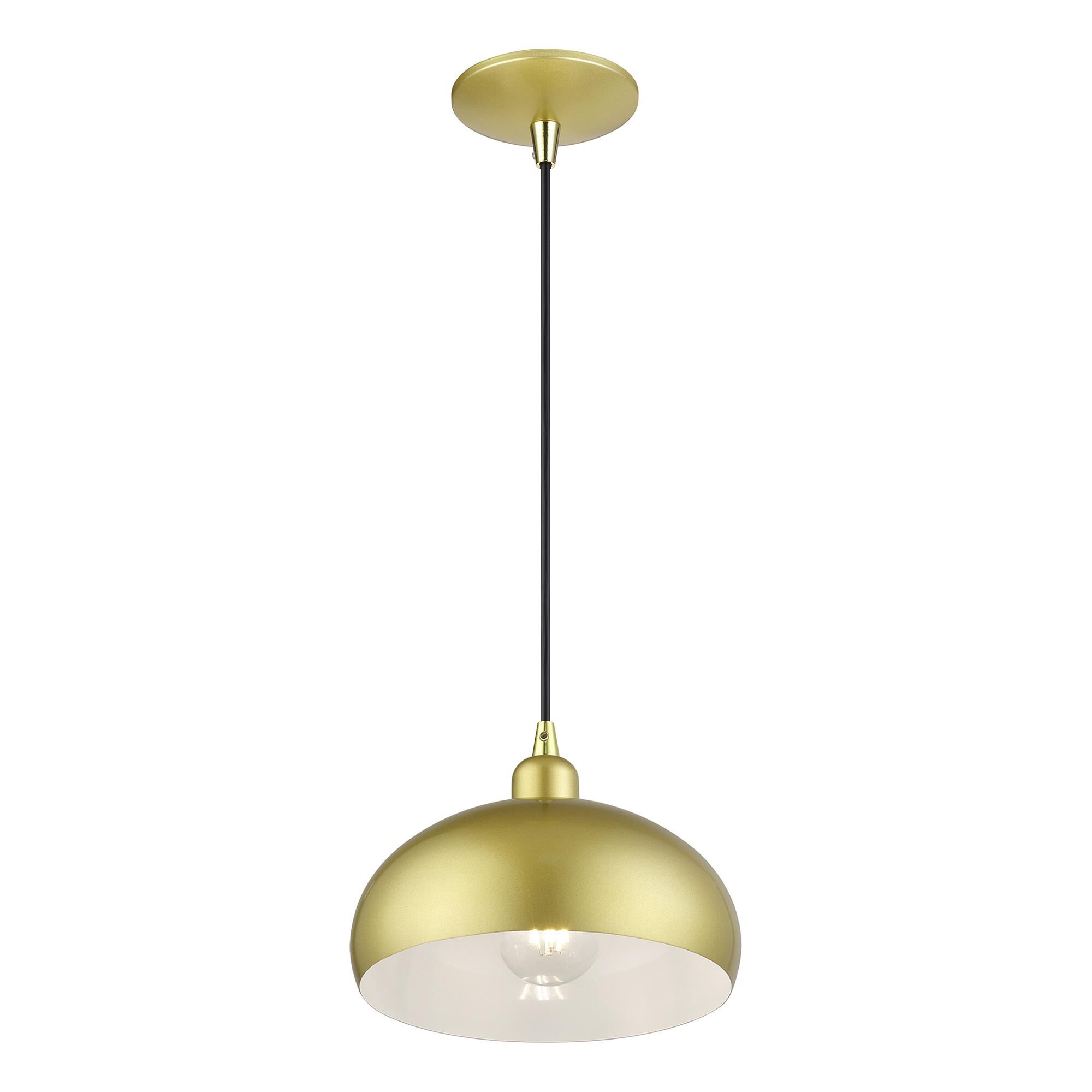 Shown in Soft Gold with Polished Brass Accents finish and Soft Gold Steel with Shiny White Inside shade