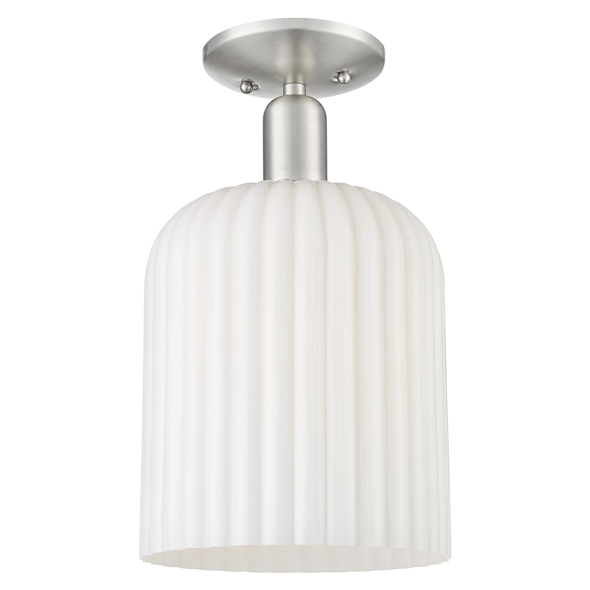 Shown in Brushed Satin Nickel finish and Gloss White glass