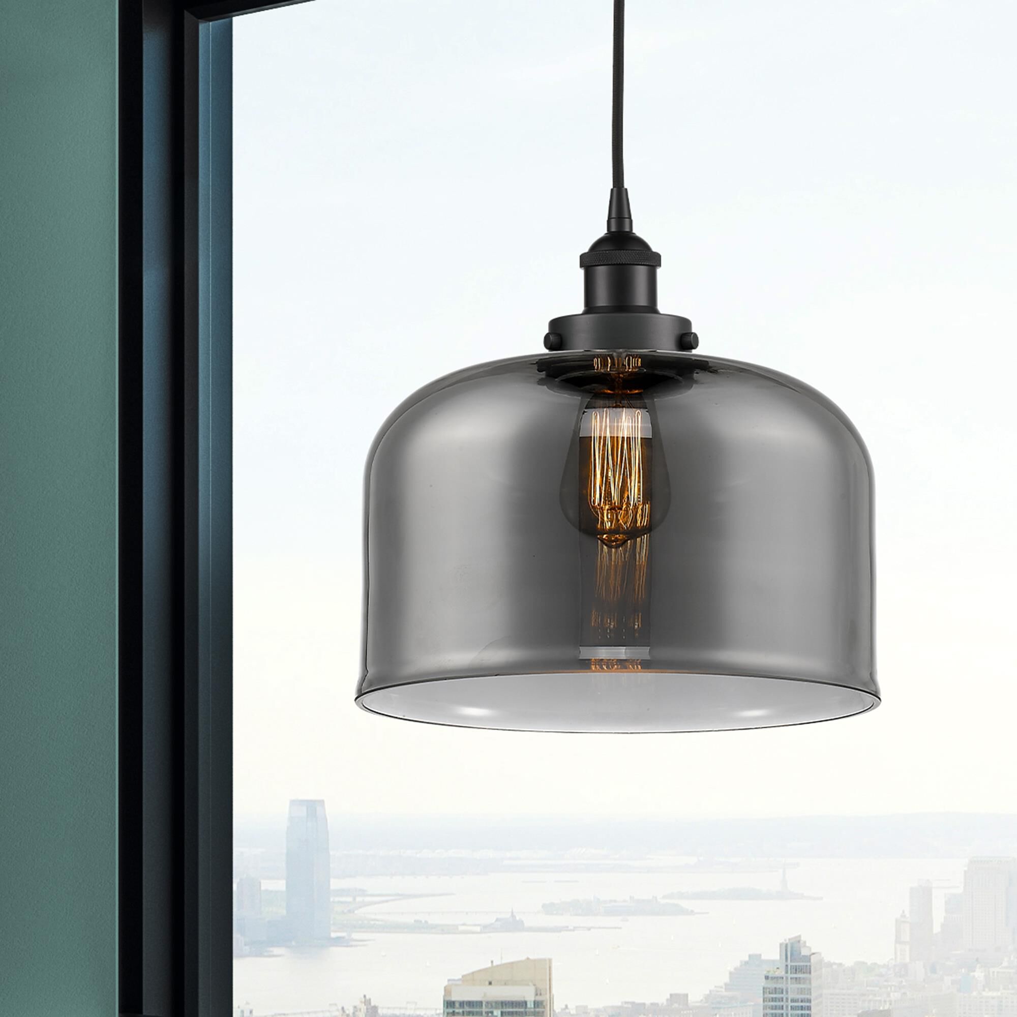 Shown in Matte Black finish and Plated Smoke X-Large Bell glass