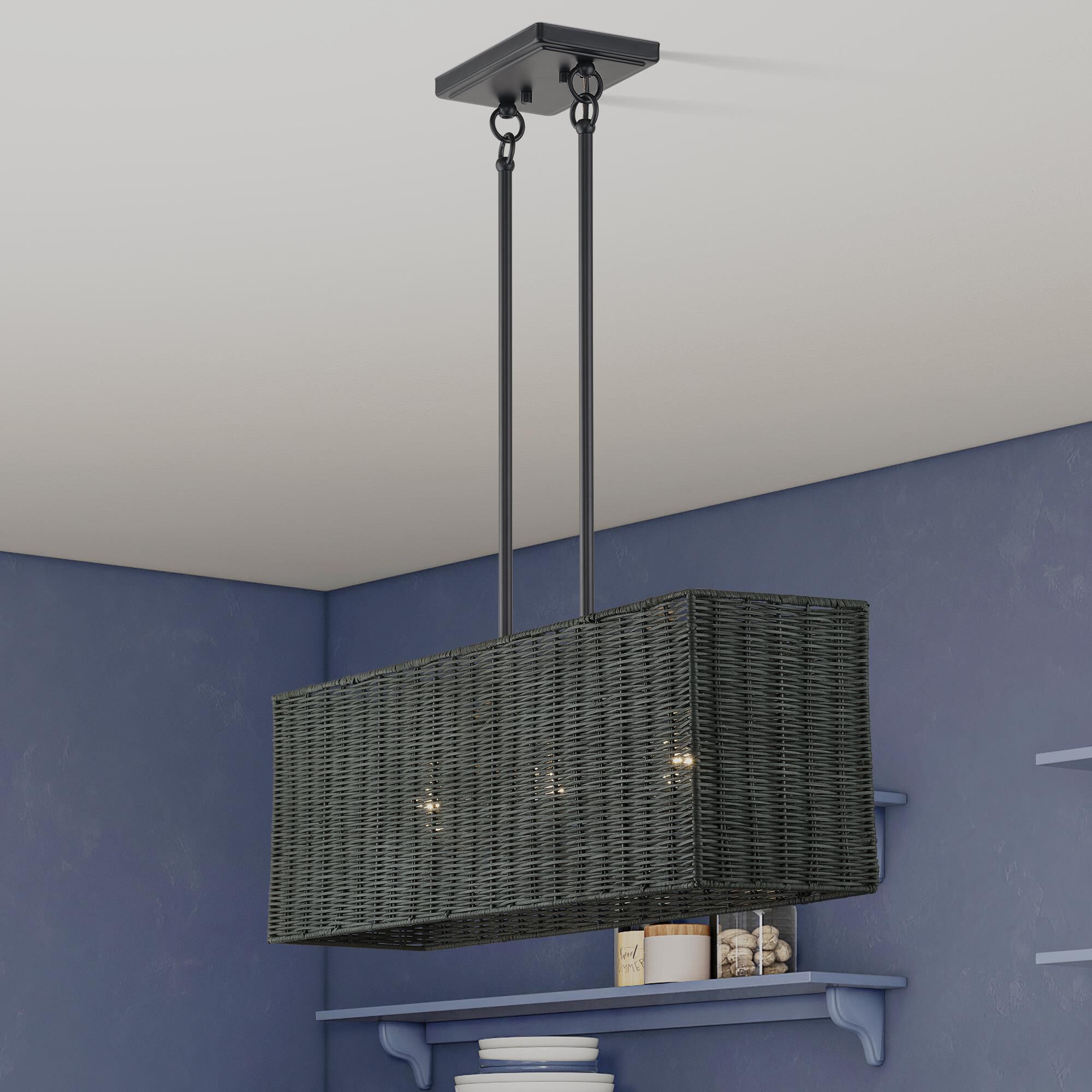 Shown in Black finish and Hand-Woven Charred Gray Color Rattan shade