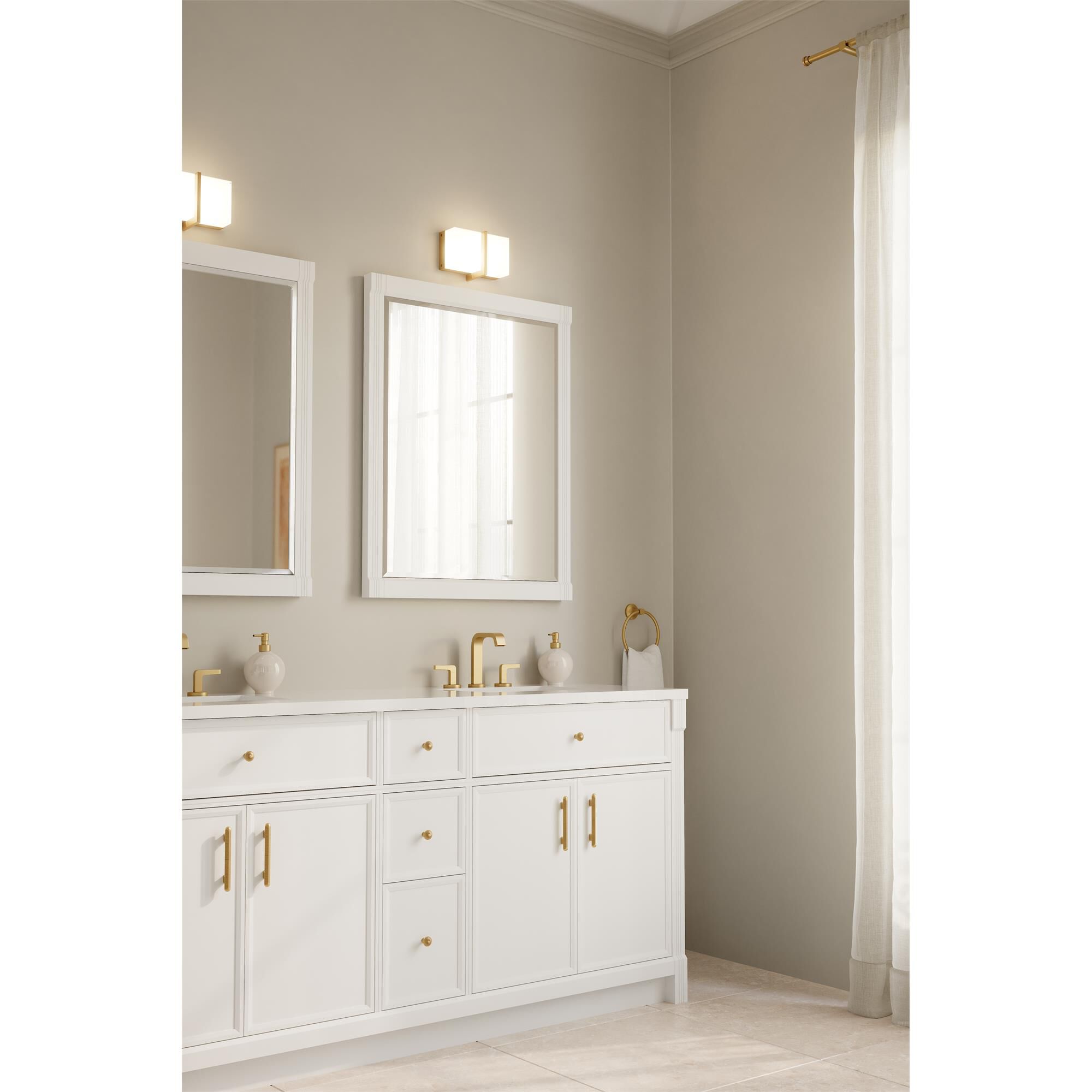 Shown in Legacy Brass finish and White glass