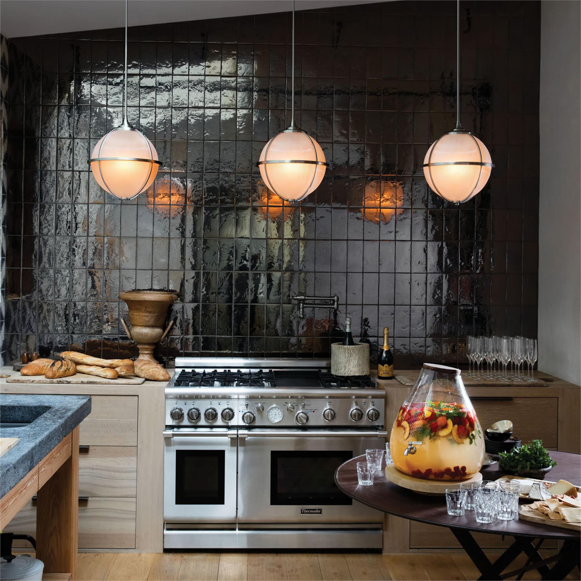Shown in Brushed Nickel finish and Etched Inside Holophane glass