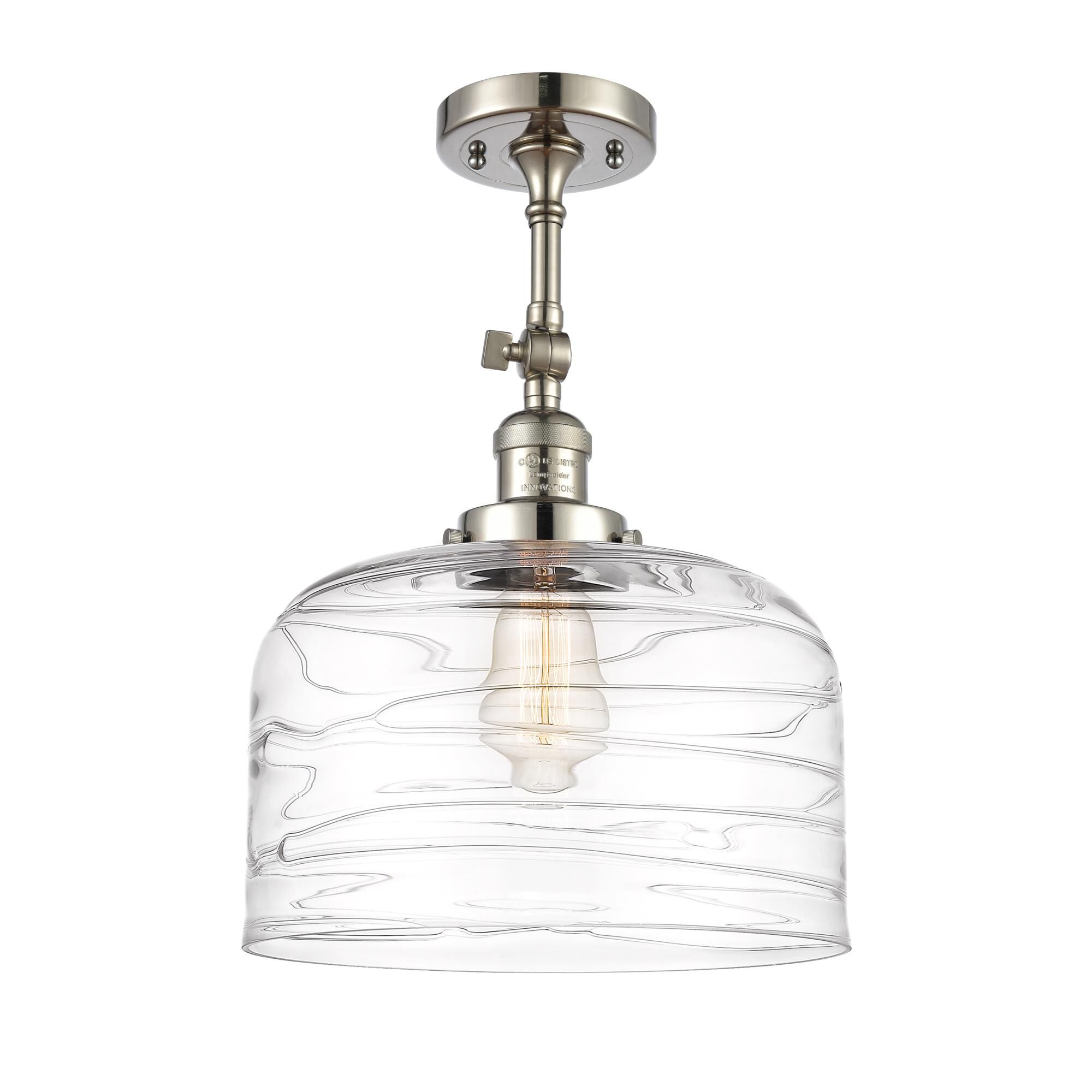 Shown in Polished Nickel finish and Clear Deco Swirl X-Large Bell glass