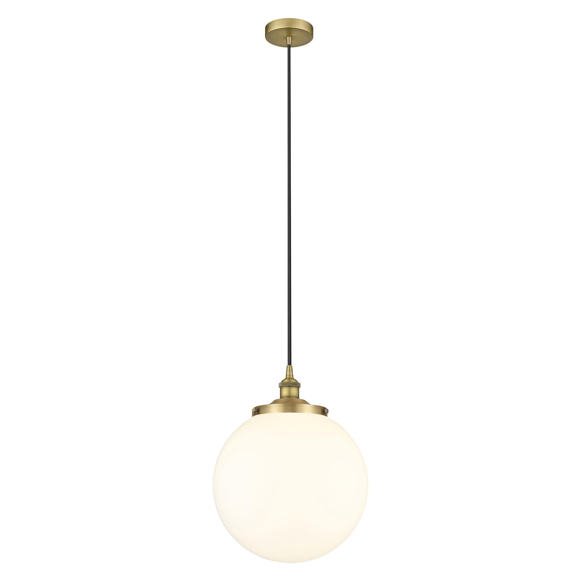 Shown in Brushed Brass finish and Matte White glass