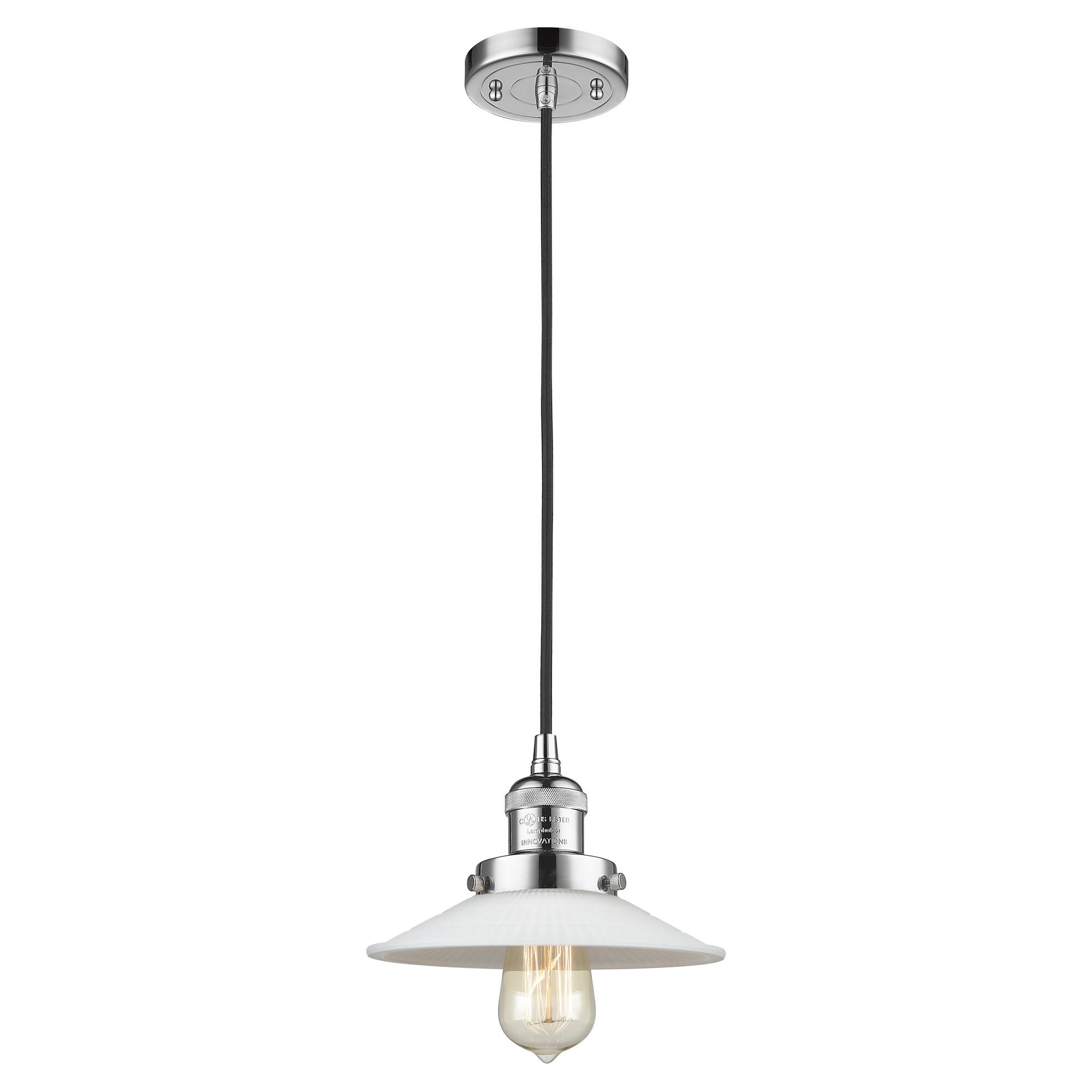 Shown in Polished Chrome finish and Matte White Halophane - Cone glass and Black Textured Cord accent