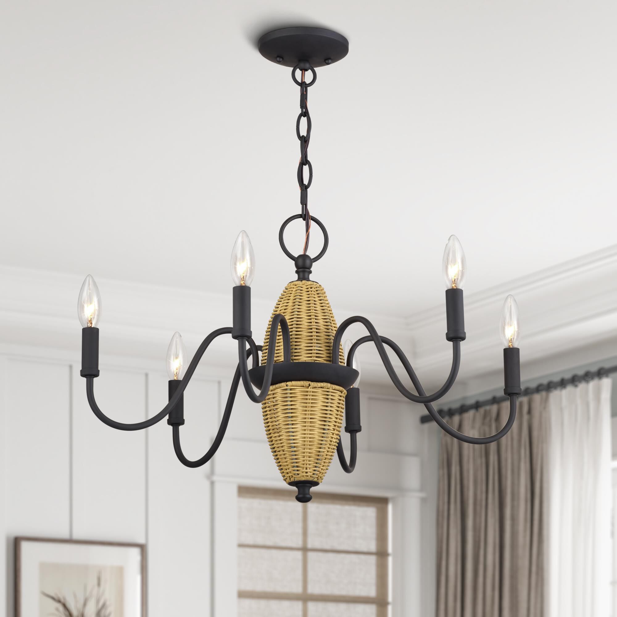 Shown in Bronze finish and Hand-Woven Rustic Walnut Color Rattan Column shade
