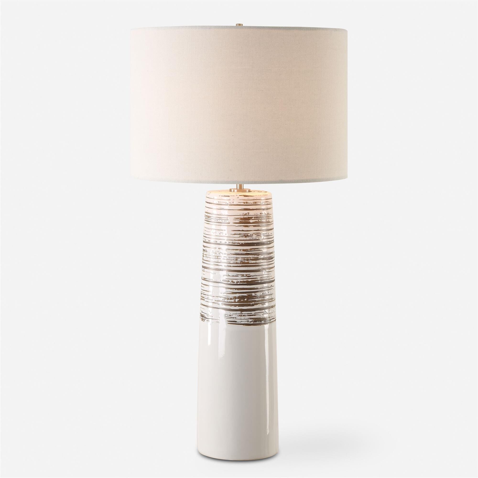 Shown in White Glaze finish and Round Drum Hardback shade