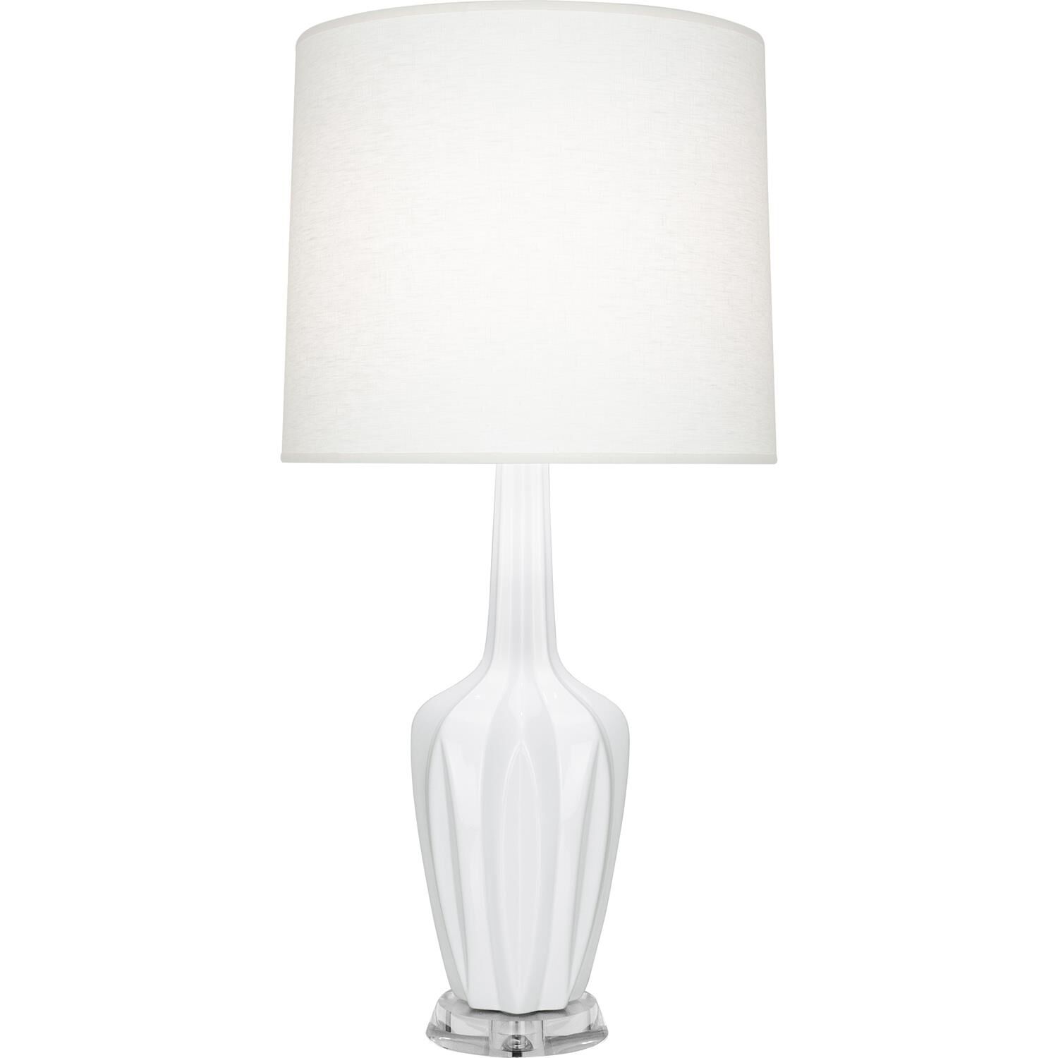 Shown in Daisy finish and Off White shade and Polished Nickel with Lucite accent