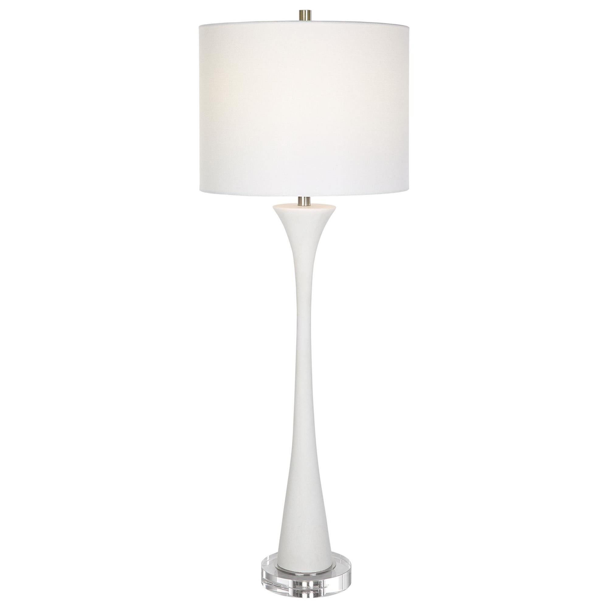 Shown in Showcasing A Classic Trumpet Shape, This Buffet Lamp Is Handcrafted From Granulated White Marble Tha finish and Round Hardback Drum shade