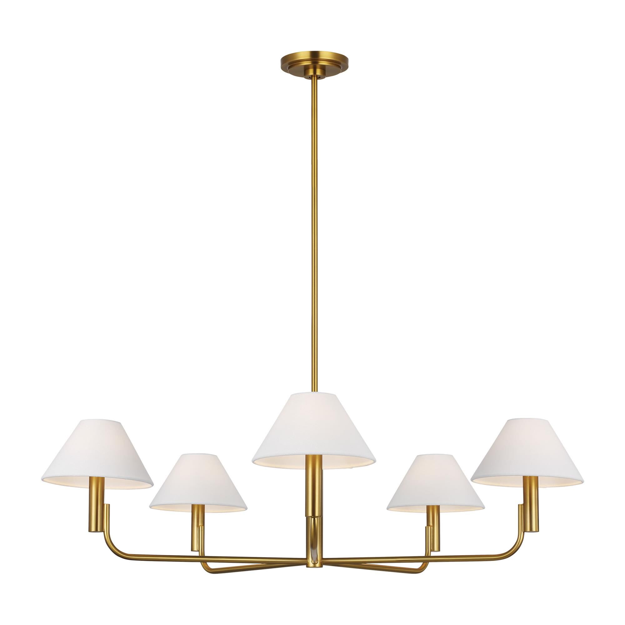 Shown in Burnished Brass finish and White Linen shade
