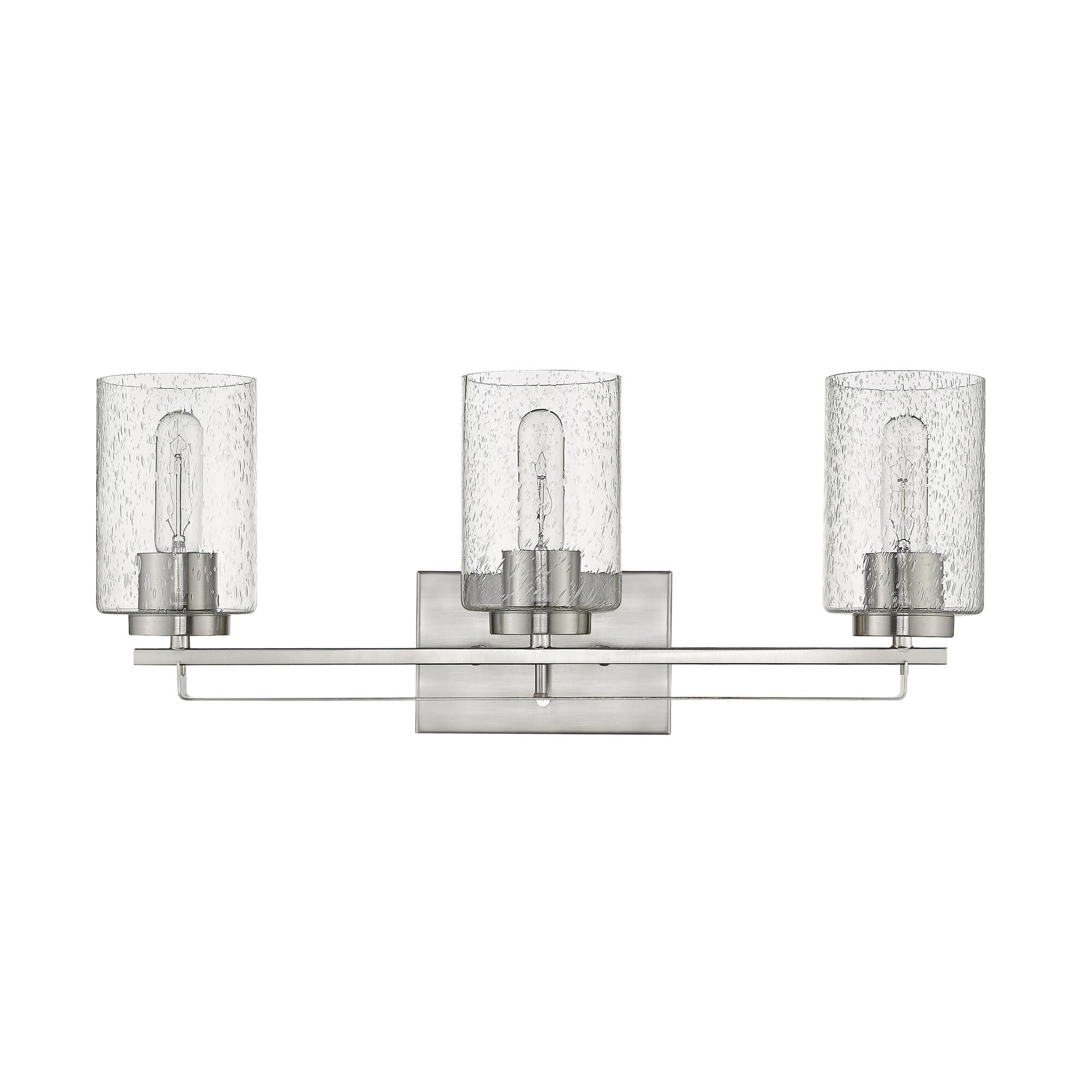 Shown in Satin Nickel finish and Clear glass and Clear, Seeded Cylindrical Glass s shade