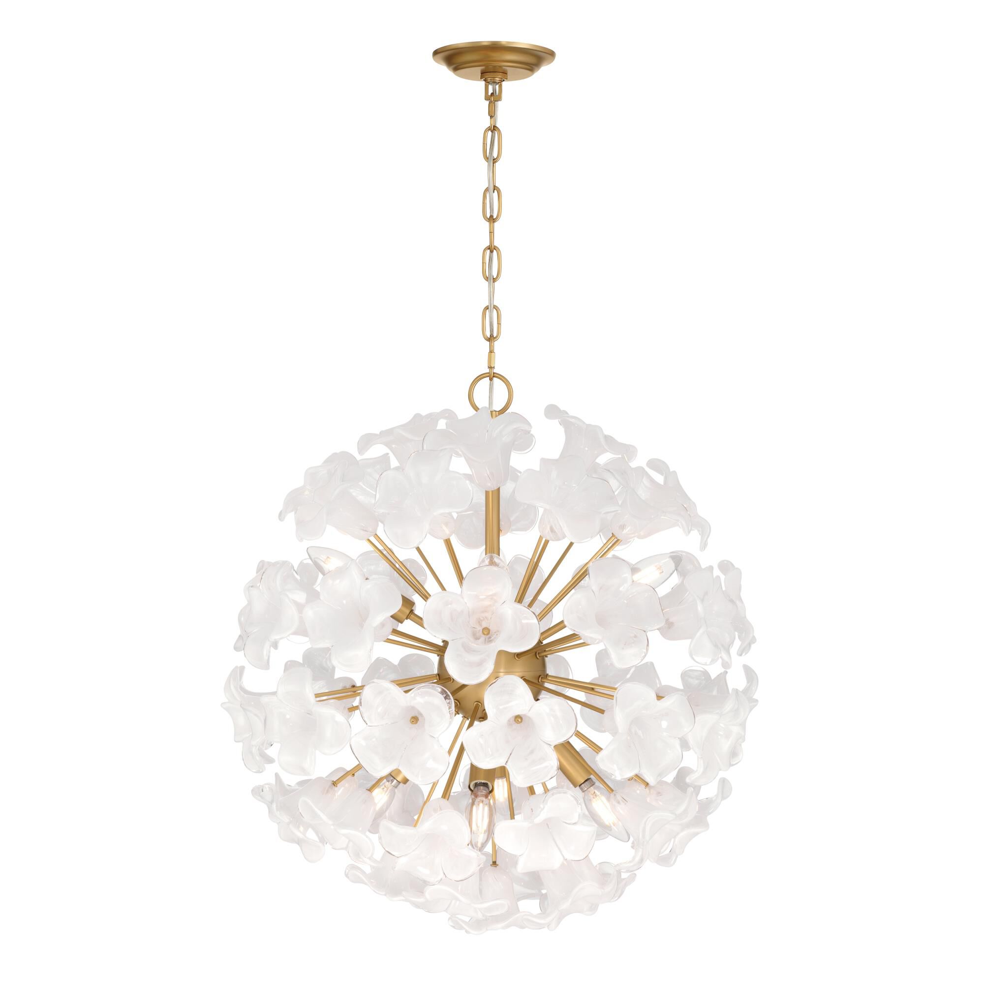 Shown in Legacy Brass finish and White Swirl glass