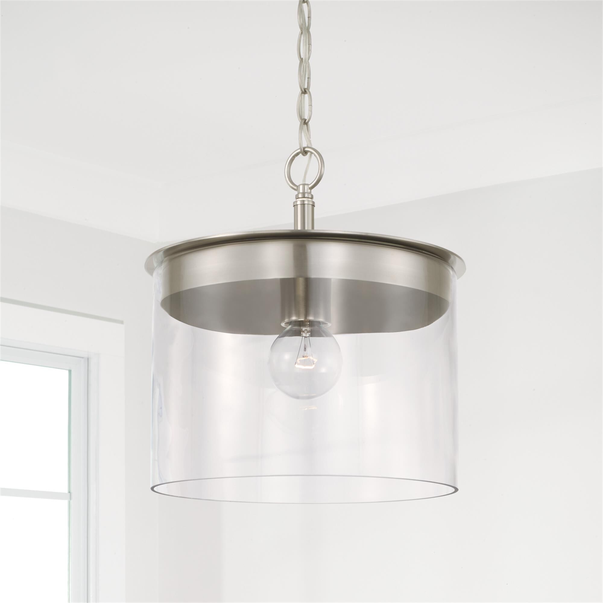 Shown in Brushed Nickel finish and Clear glass