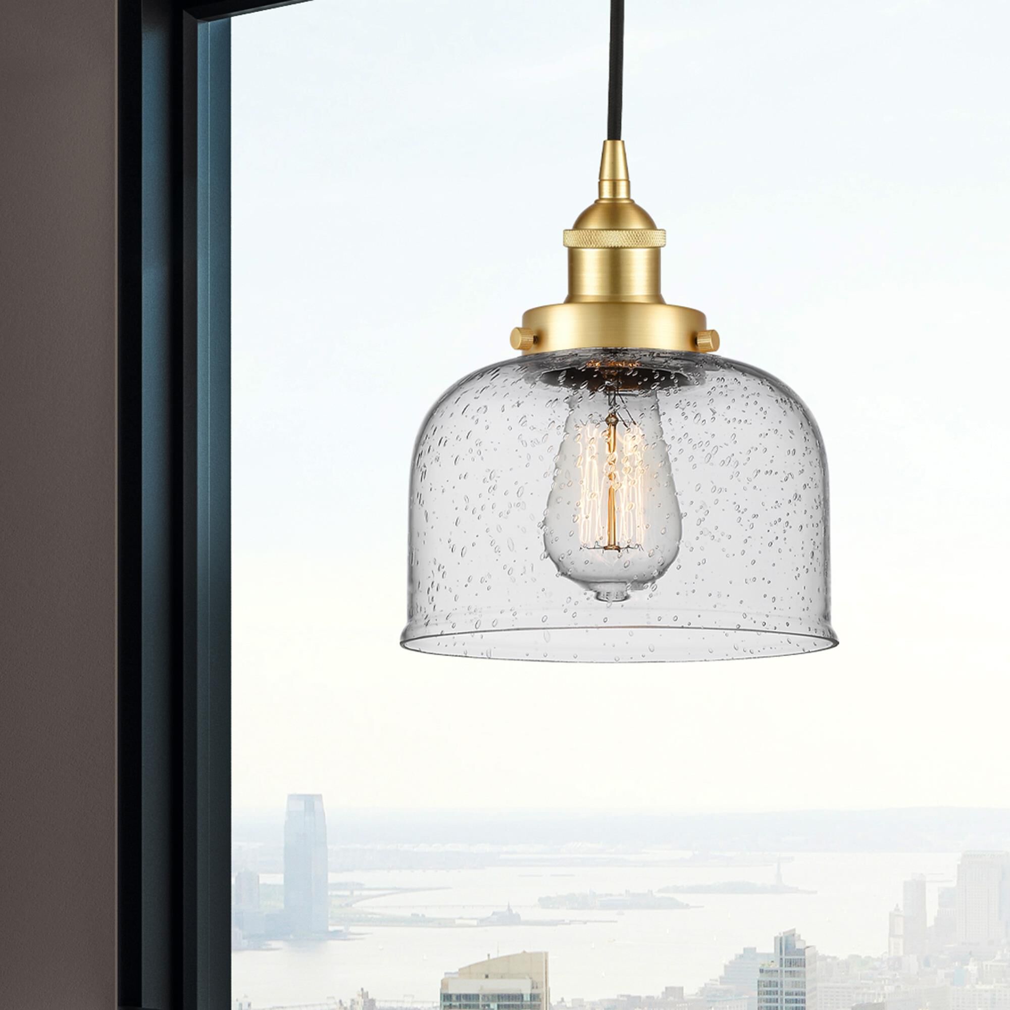 Shown in Satin Gold finish and Seedy glass