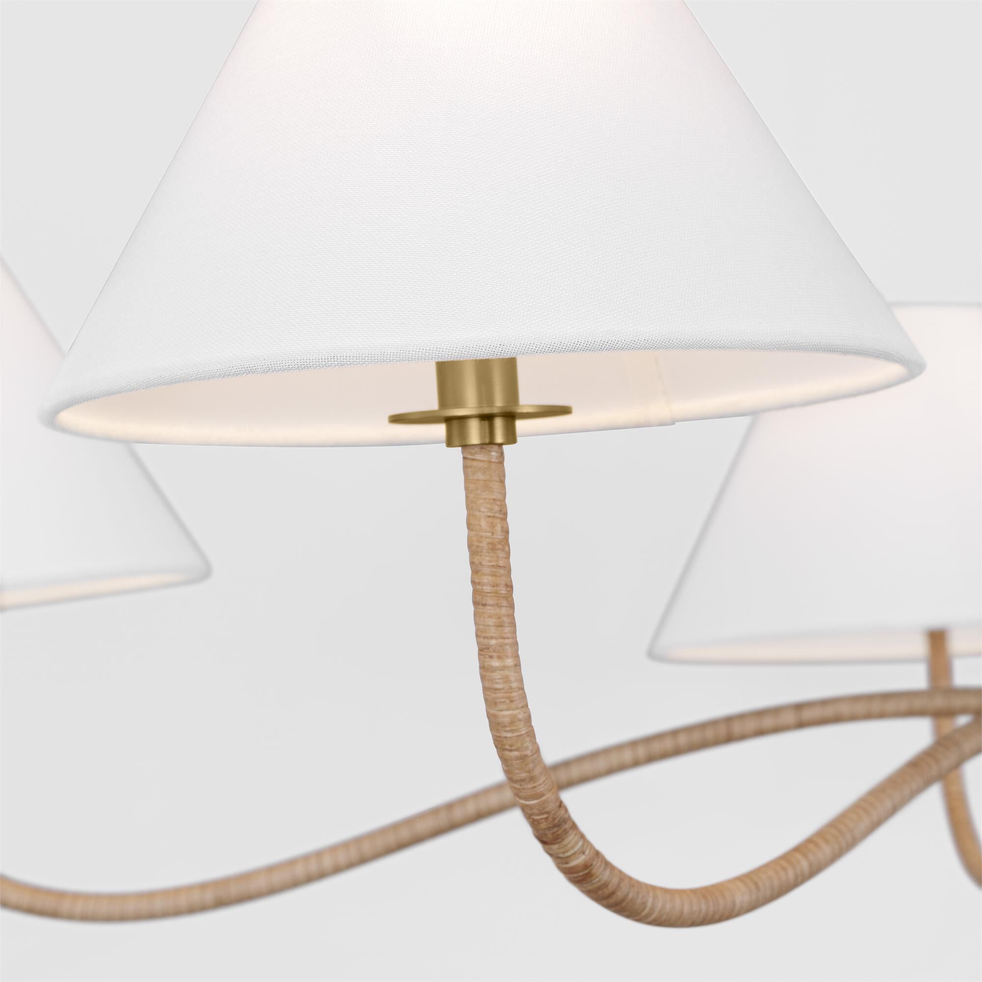 Shown in Burnished Brass finish and White Linen shade