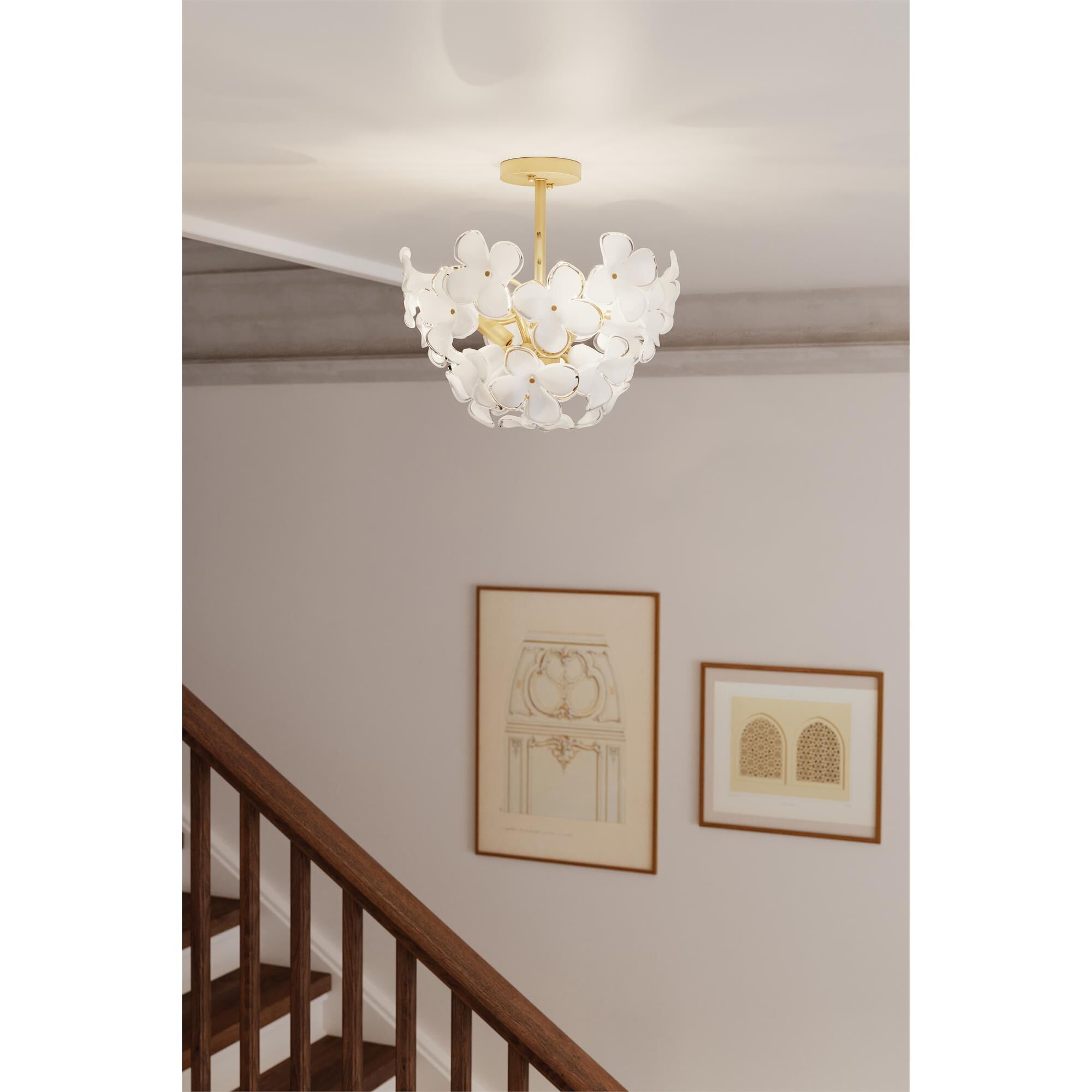 Shown in Legacy Brass finish and White Swirl glass