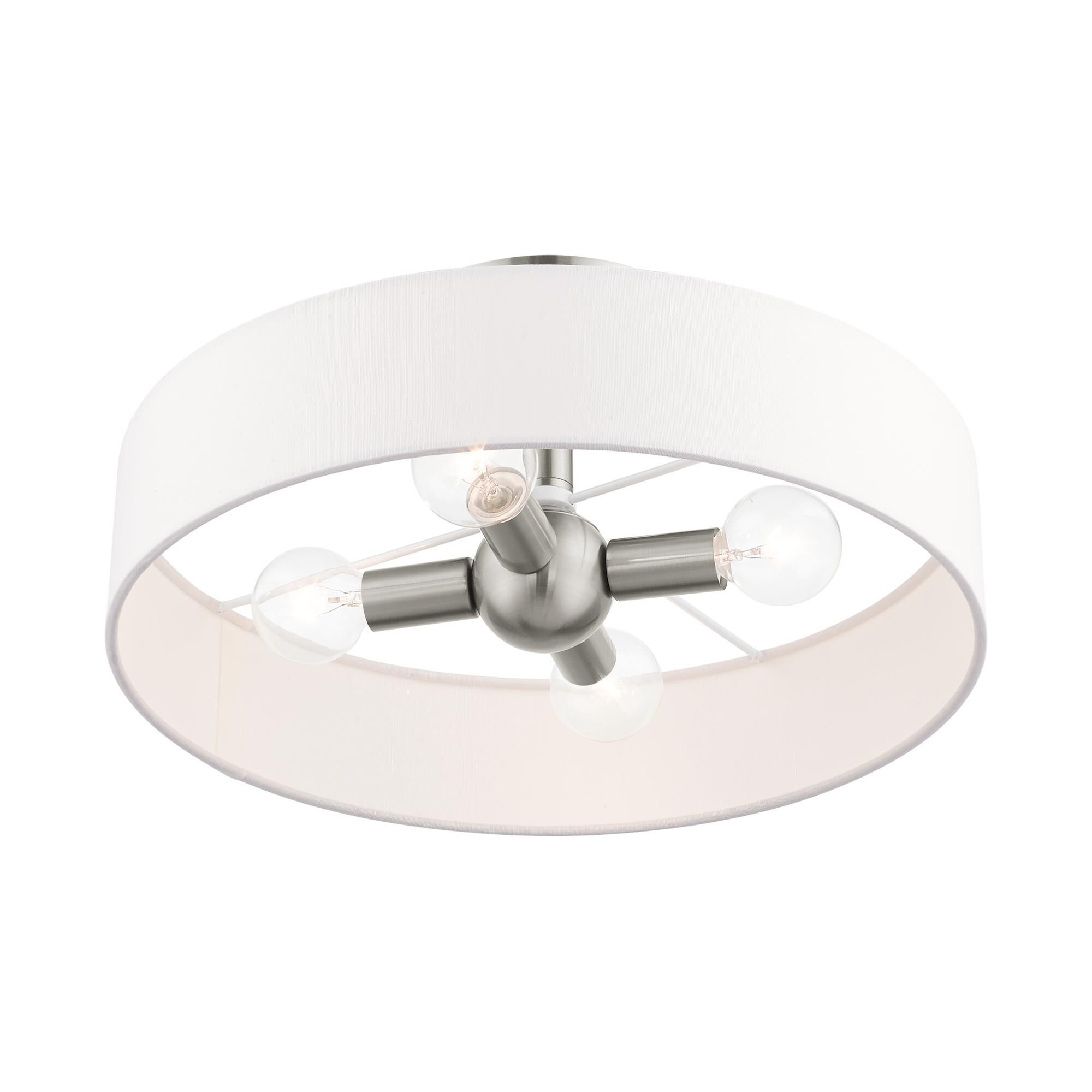 Shown in Brushed Nickel finish and Hand Crafted Off White Fabric Hardback Shade glass and Hand Crafted Off White Fabric Hardback shade