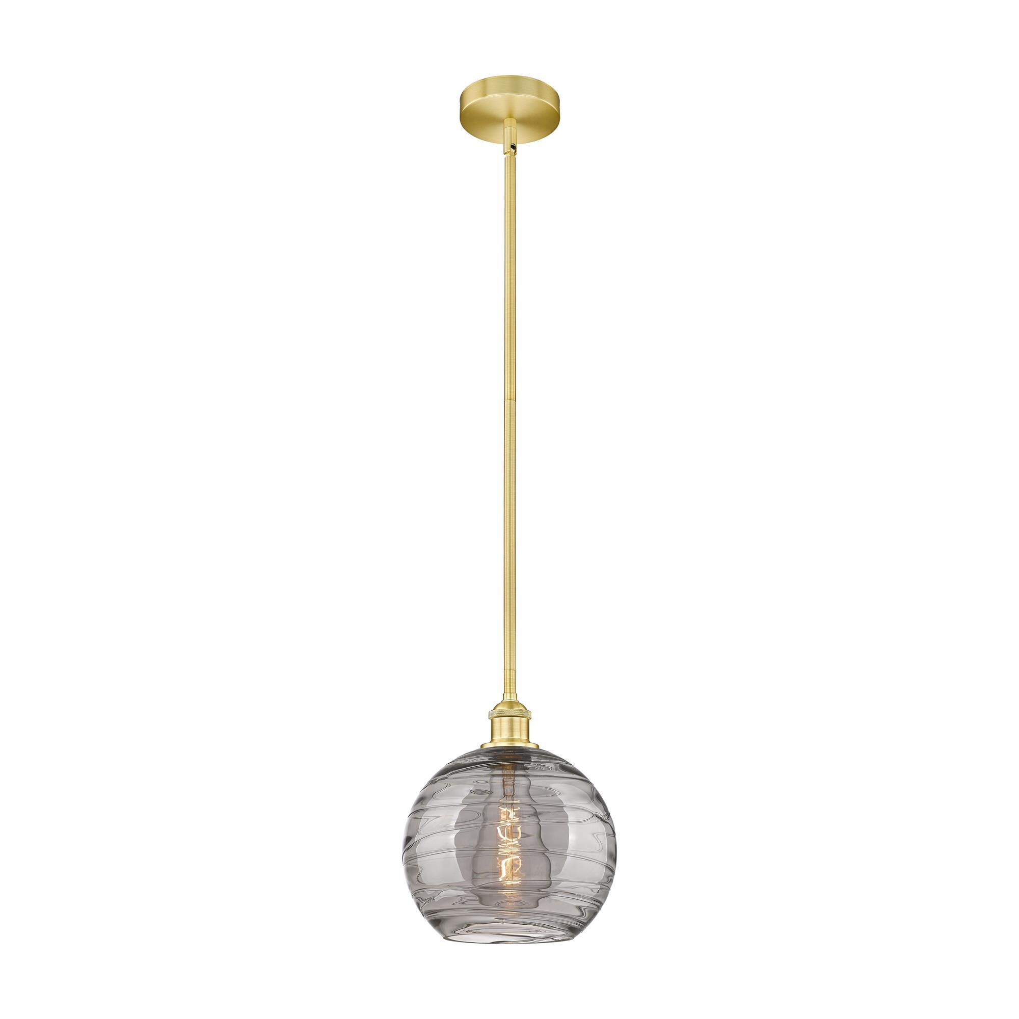 Shown in Satin Gold finish and Light Smoke Deco Swirl glass