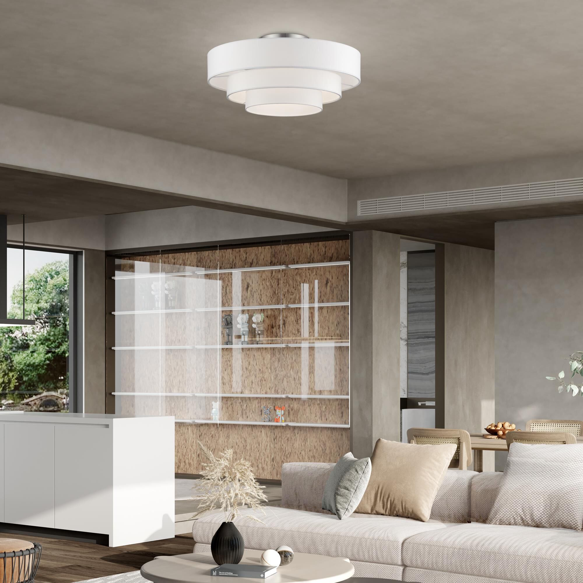 Shown in Brushed Nickel finish and Hand Crafted Off-White Fabric Hardbacks with White Fabric Inside shade