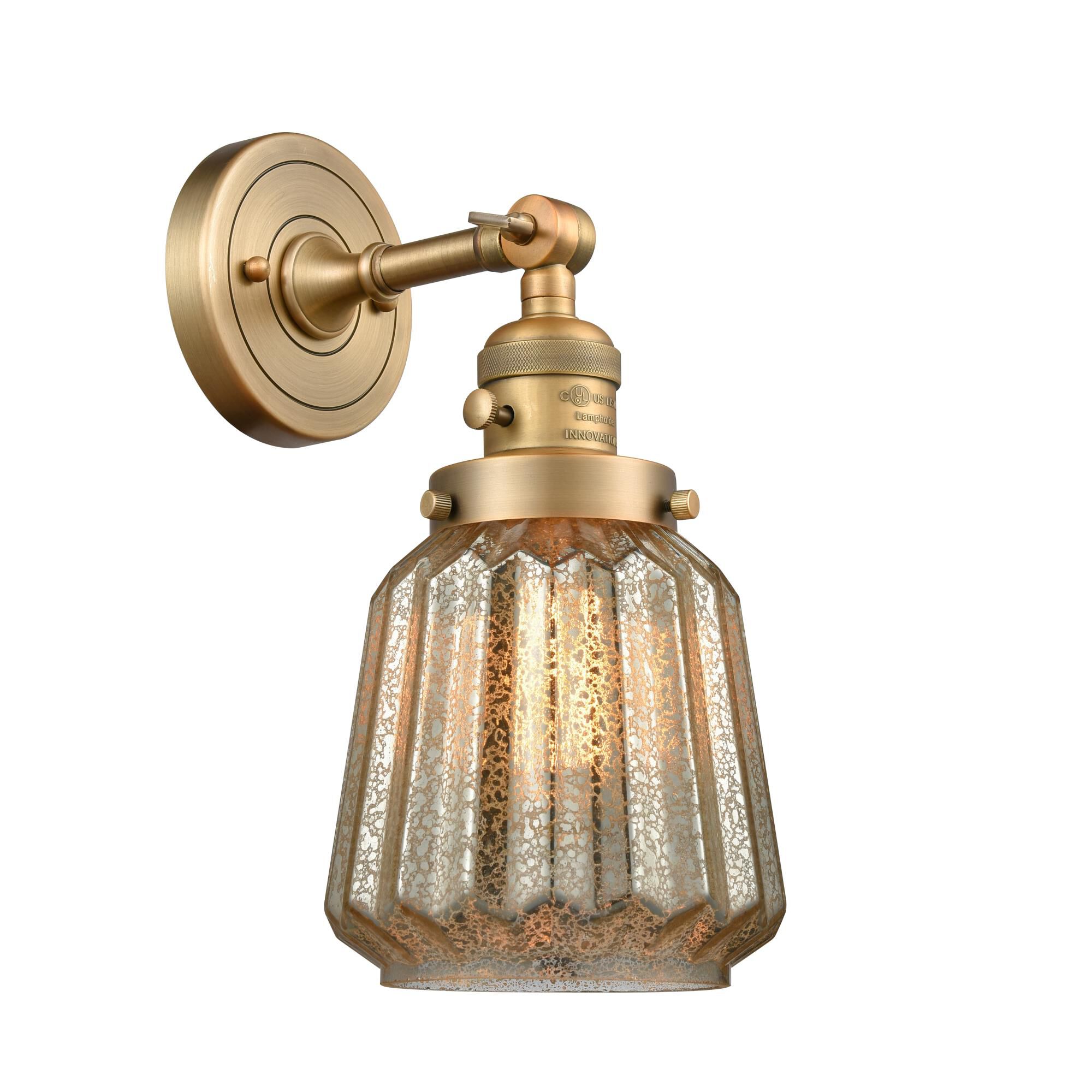Shown in Brushed Brass finish and Mercury Plated glass and Switch on Socket accent