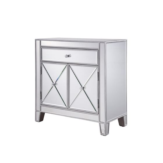 Silver storage cabinet with X-pattern design on a plain background.