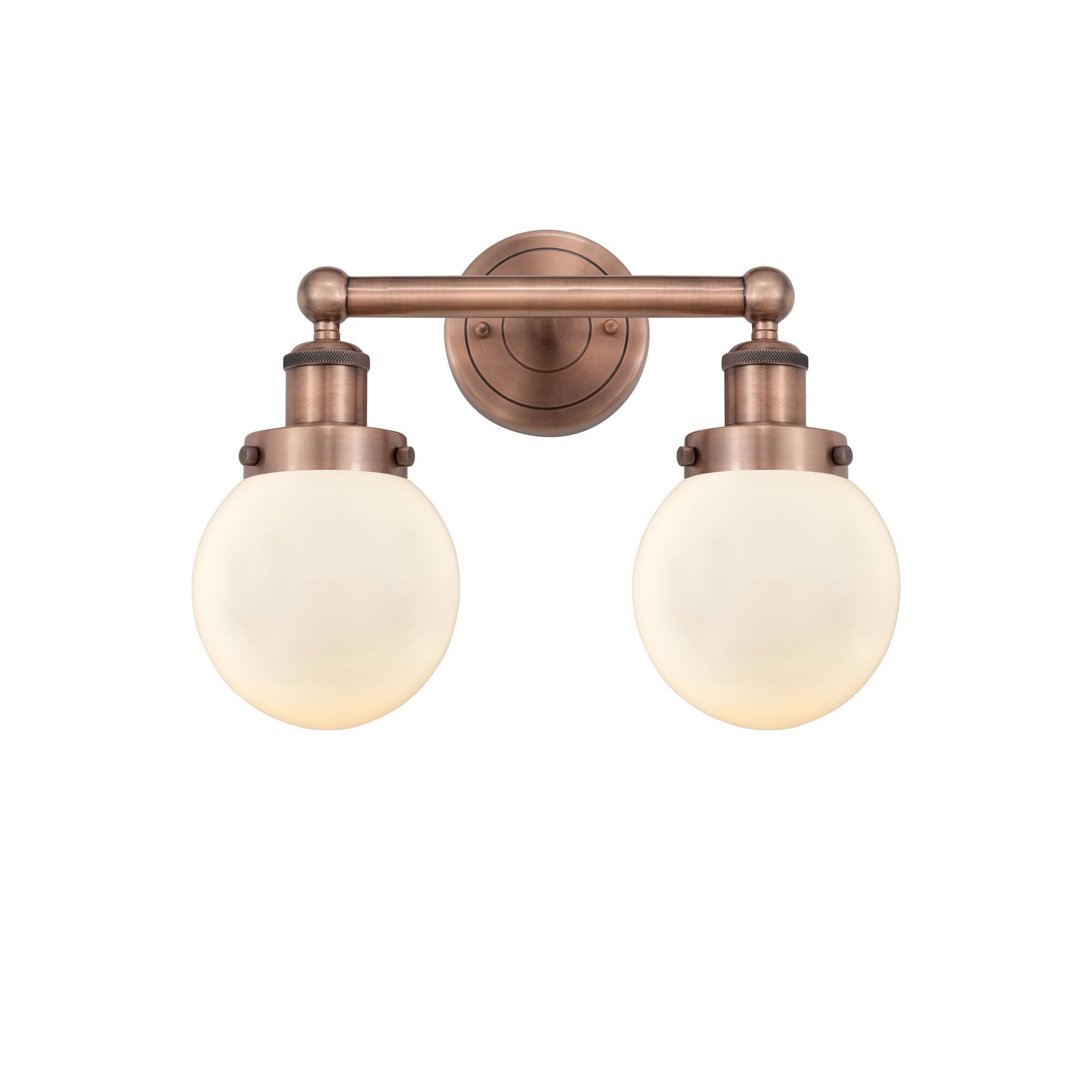 Shown in Antique Copper finish and Matte White glass
