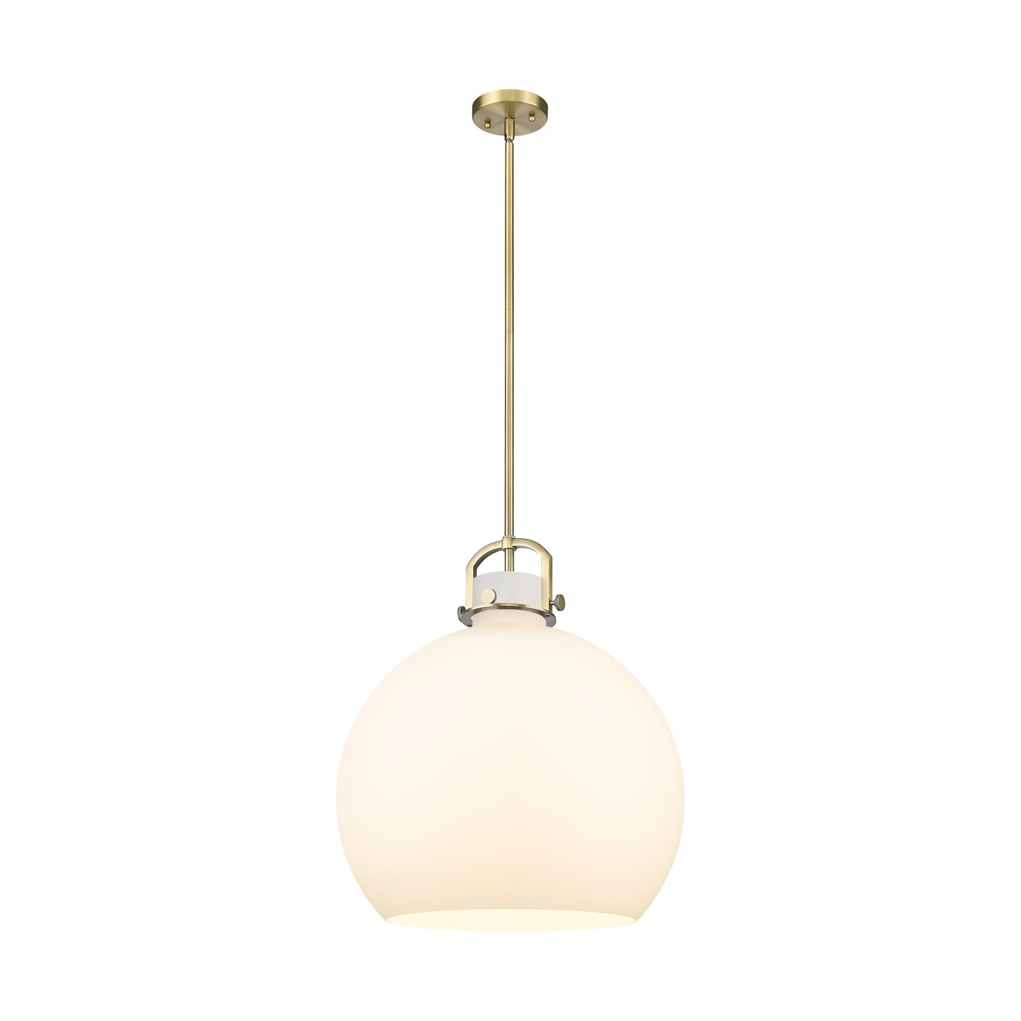 Shown in Brushed Brass finish and Matte White glass